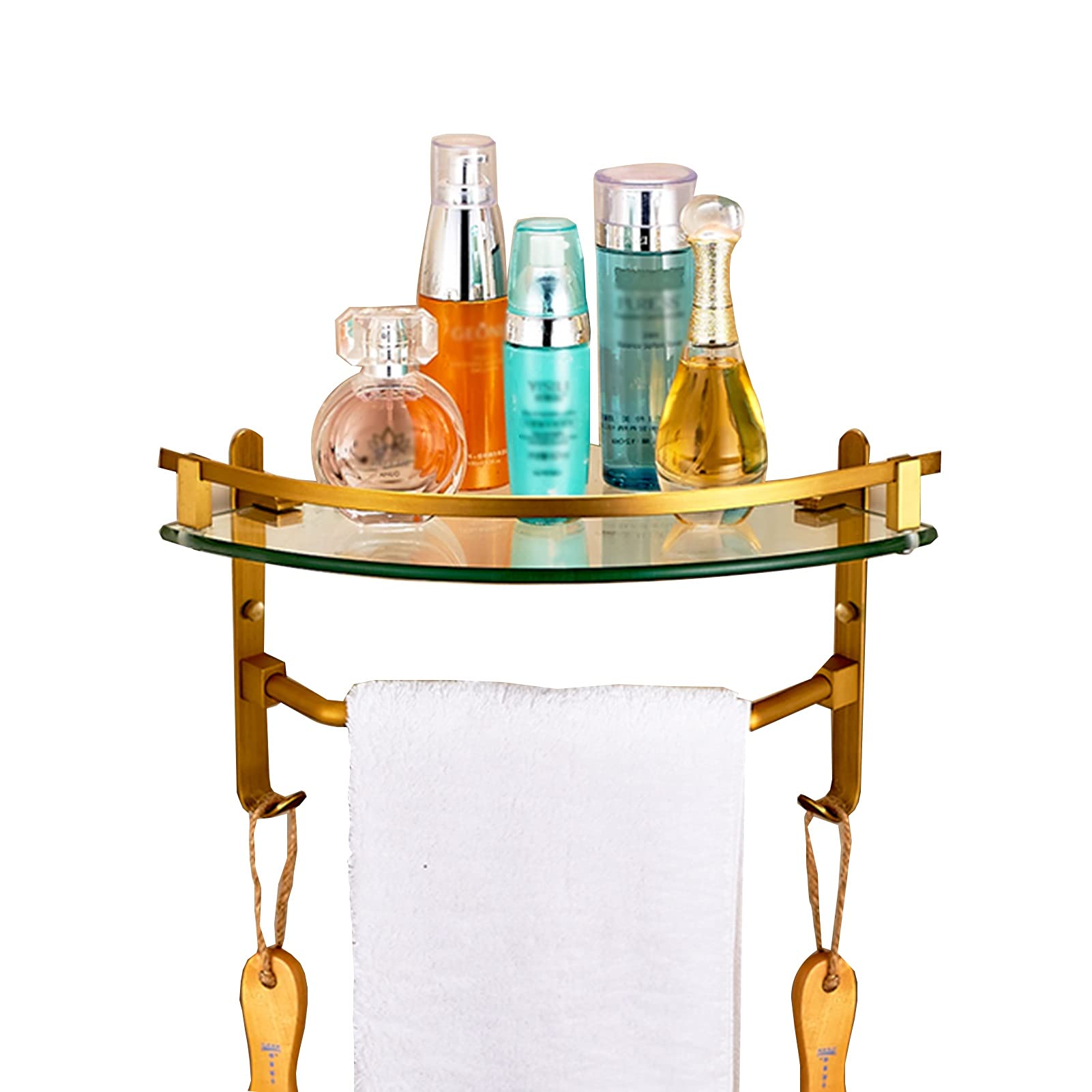 Wall-Mounted Copper Angle Shelf with Towel Bar & Hooks - Bathroom Shower Storage Organizer & Kitchen Balcony Shelf - Space Saving Triangle Corner Rack for Towels, Toiletries & Decor (Single Layer)