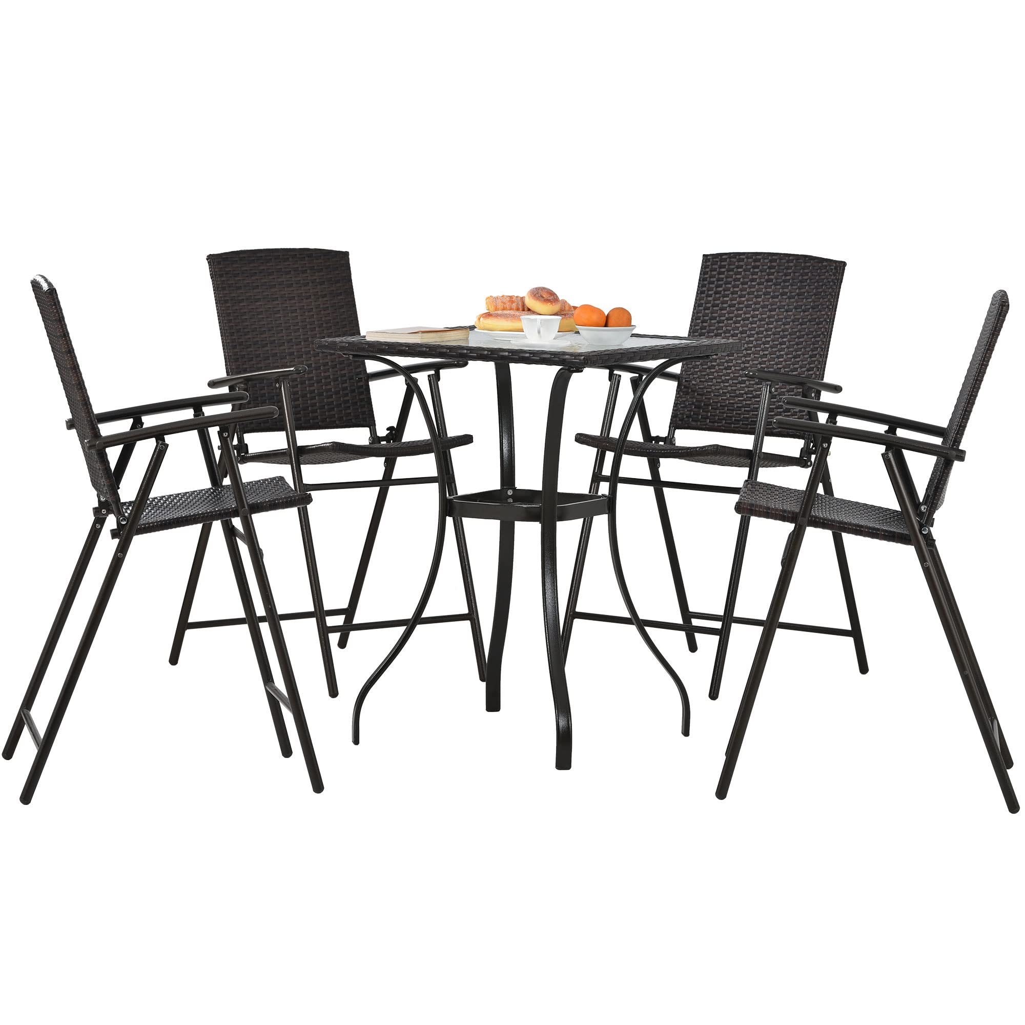 5-Piece Outdoor Patio Dining Set - PE Rattan Counter Height Table with Umbrella Hole & 4 Foldable Chairs - Bistro Pub Set for Backyard, Garden, Poolside - Perfect for Outdoor Entertaining, BBQs, and Relaxing by the Pool