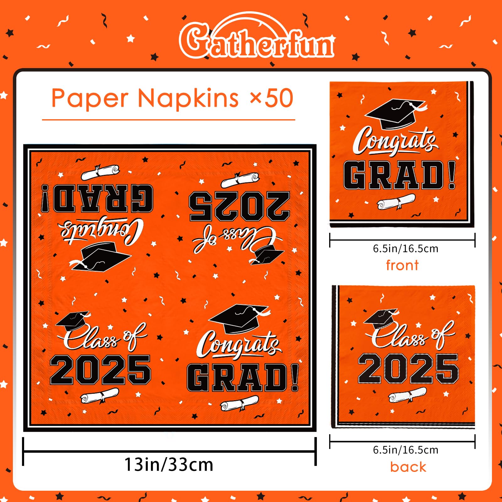 Gatherfun Graduation Party Disposable Napkins - 3-Ply Paper Napkins for College & High School Graduation (50 Pack, Orange) - Perfect for Graduation Decorations, Party Supplies & Celebrations