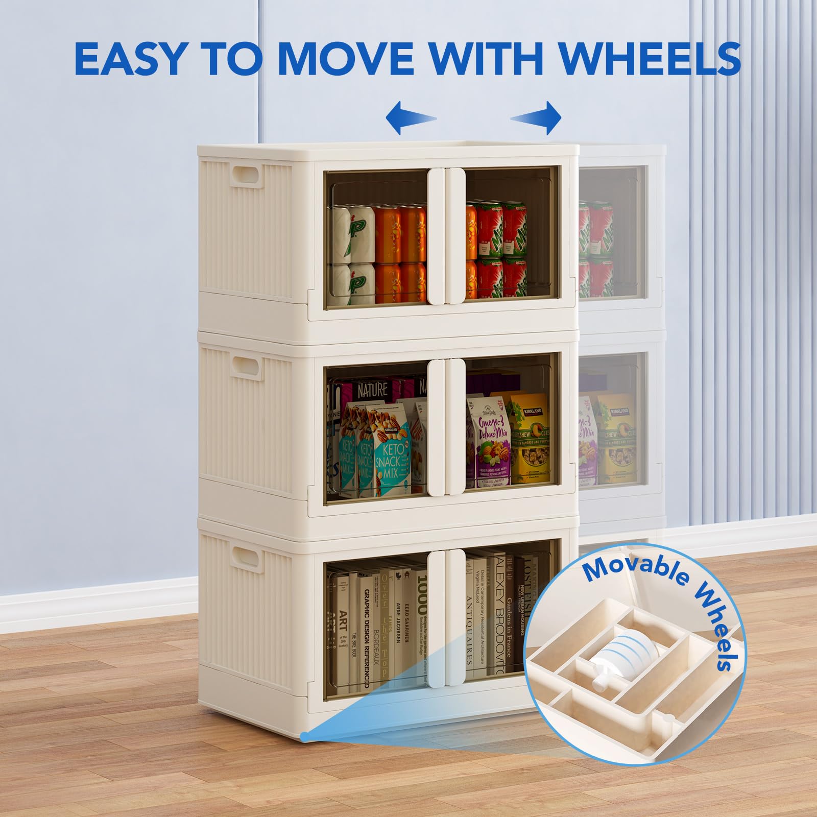 FLEXIMOUNTS Stackable Storage Bins with Lids - 3 Pack Collapsible Plastic Storage Containers (228 QT) - Space Saving Closet Organizers with Doors for Home Organization - Milky White - 25