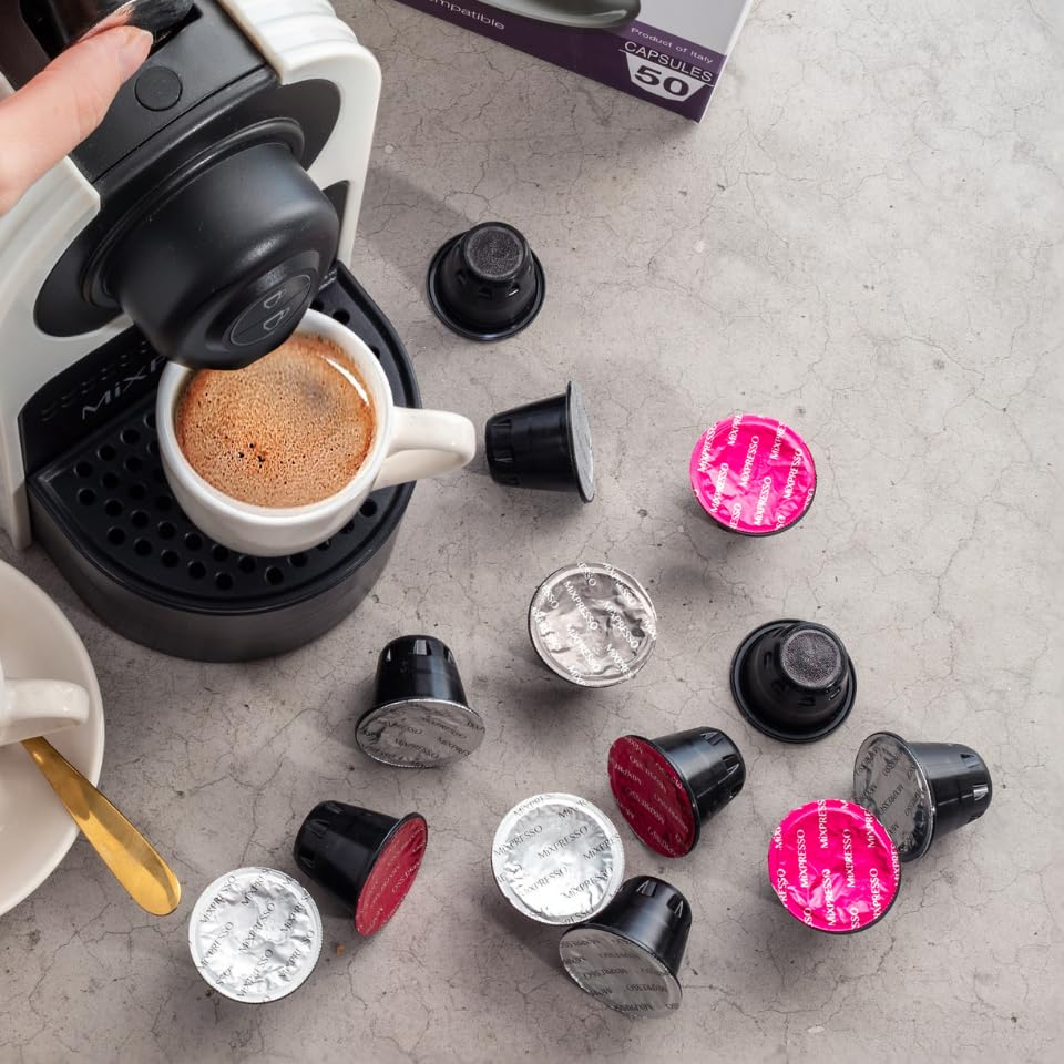 Mixpresso Espresso Machine for Nespresso Compatible Capsules - 19 Bar Italian Coffee Maker with Programmable Single Serve & 1400W Pump (27oz, White) - Perfect for Home, Office or Small Cafe Use