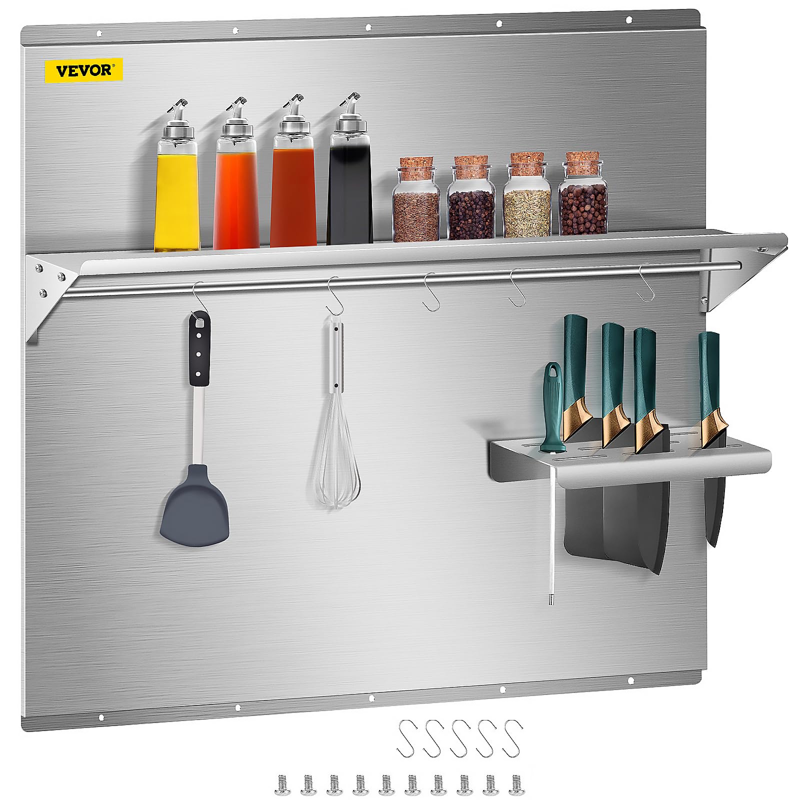 VEVOR 36 x 29.5 Inch Stainless Steel Range Hood Backsplash with Storage Shelf & Hanging Rack - Splash Plate Wall Shield for Kitchen Range Protection - Perfect for Modern Kitchens, Restaurants & Food Trucks