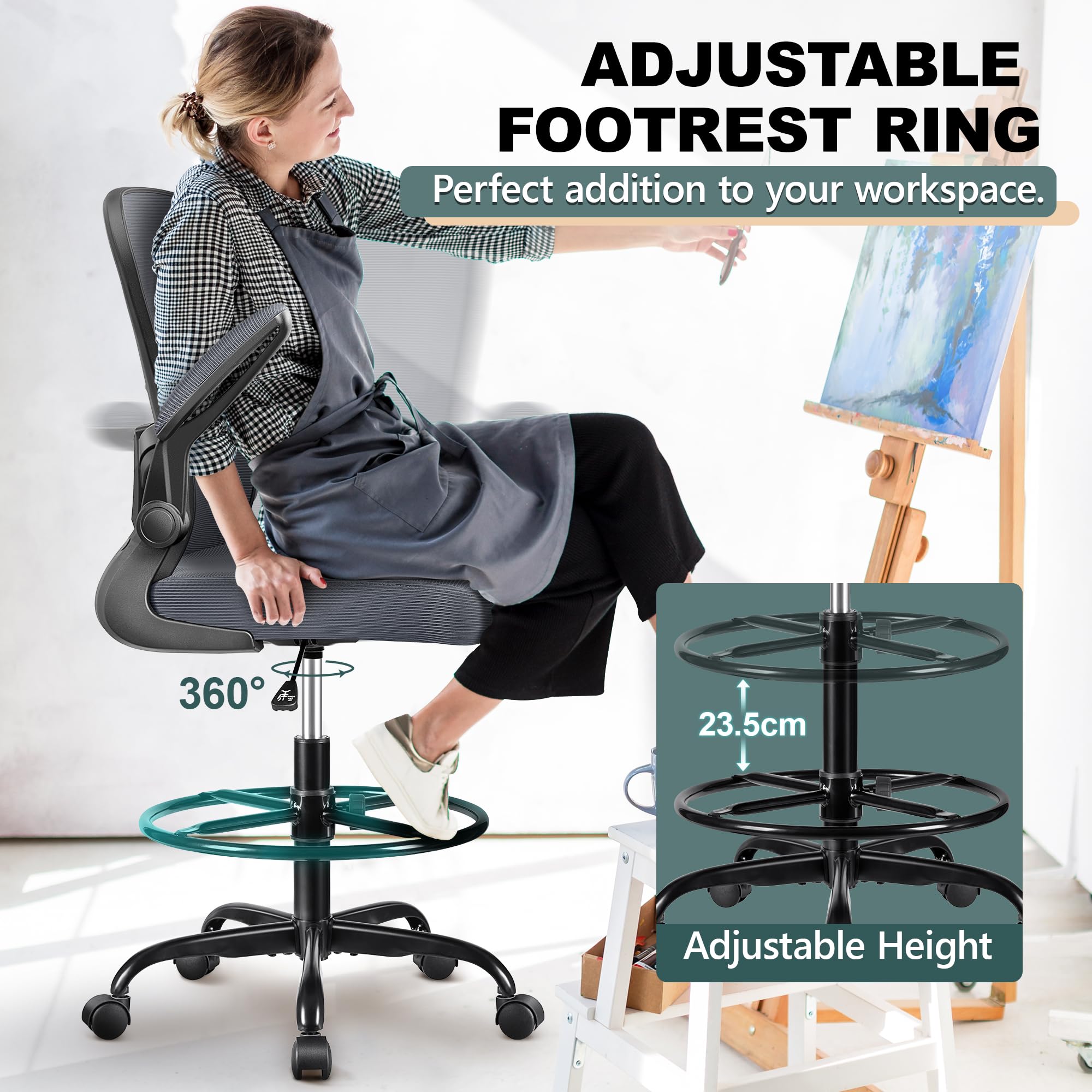 FelixKing Ergonomic Drafting Chair - Adjustable Height Mesh Office Chair with Lumbar Support, Flip-Up Armrests & Footrest - Comfortable High Back Computer Task Chair for Home Office, Studio & Drafting Table Use