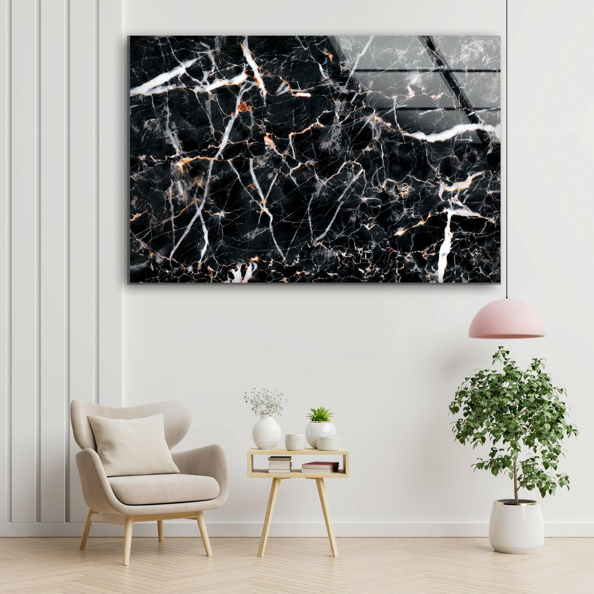 Black Abstract Marble Decor Glass Wall Art - Modern Home & Office Wall Decor for Living Room, Bedroom, Kitchen | Unique Handmade Glass Artwork for Interior Design