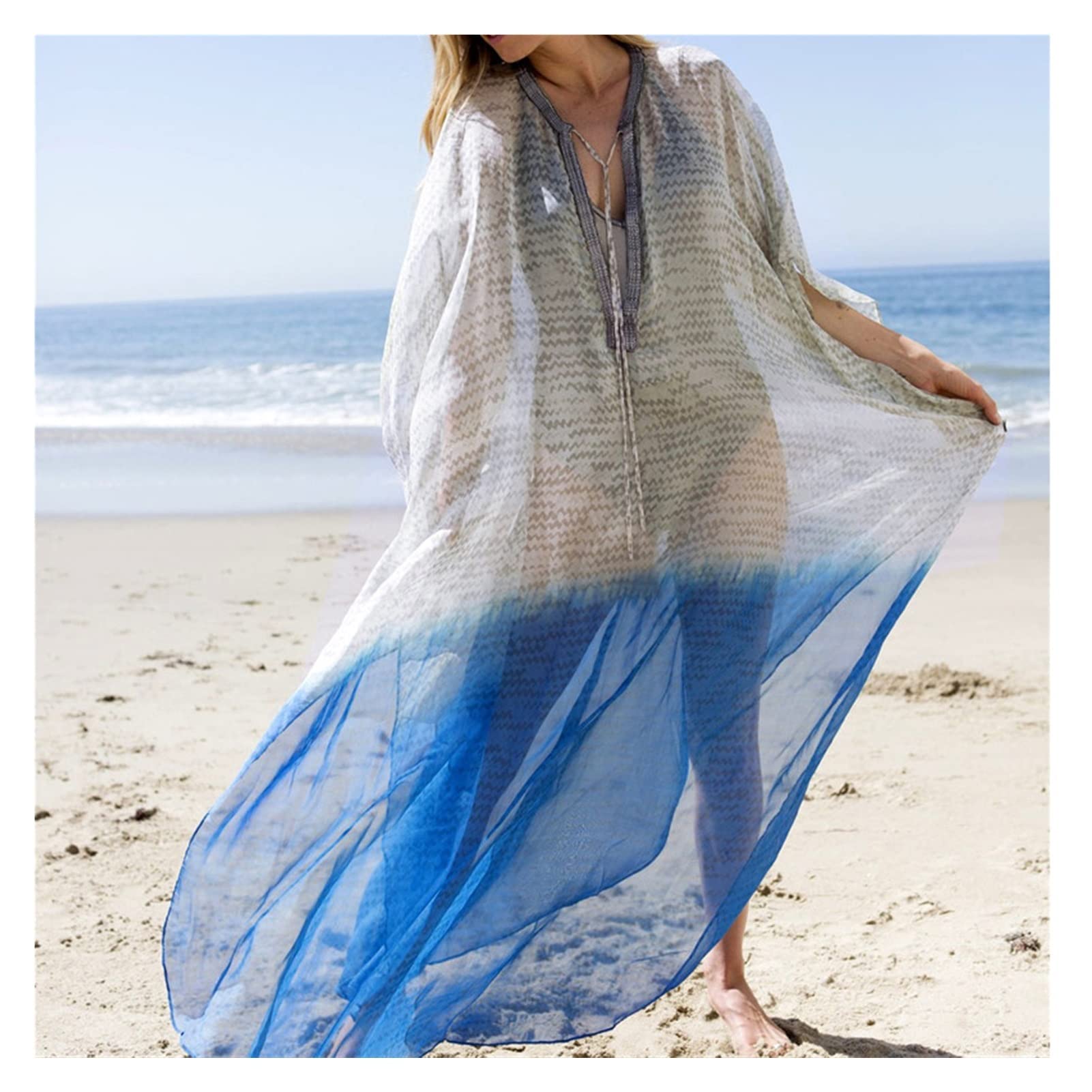Bohemian Embroidered Batwing Sleeve Chiffon Beach Dress for Women - Plus Size Summer Tunic with Side Split | Perfect for Beach Vacations, Pool Parties & Boho Fashion Outfits