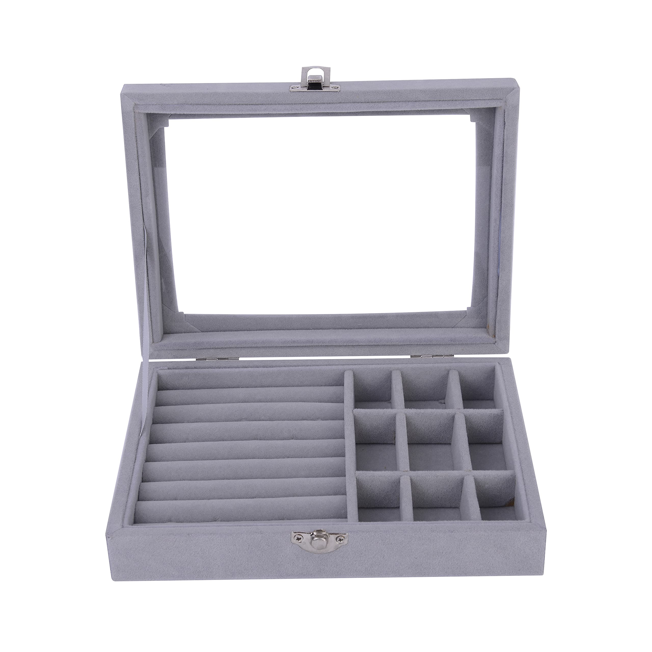 Elegant Jewelry Box for Women & Girls - Glass Top Ring Earring Necklace Bracelet Watch Storage Case - Perfect for Gifts, Travel & Home Organization (Grey)