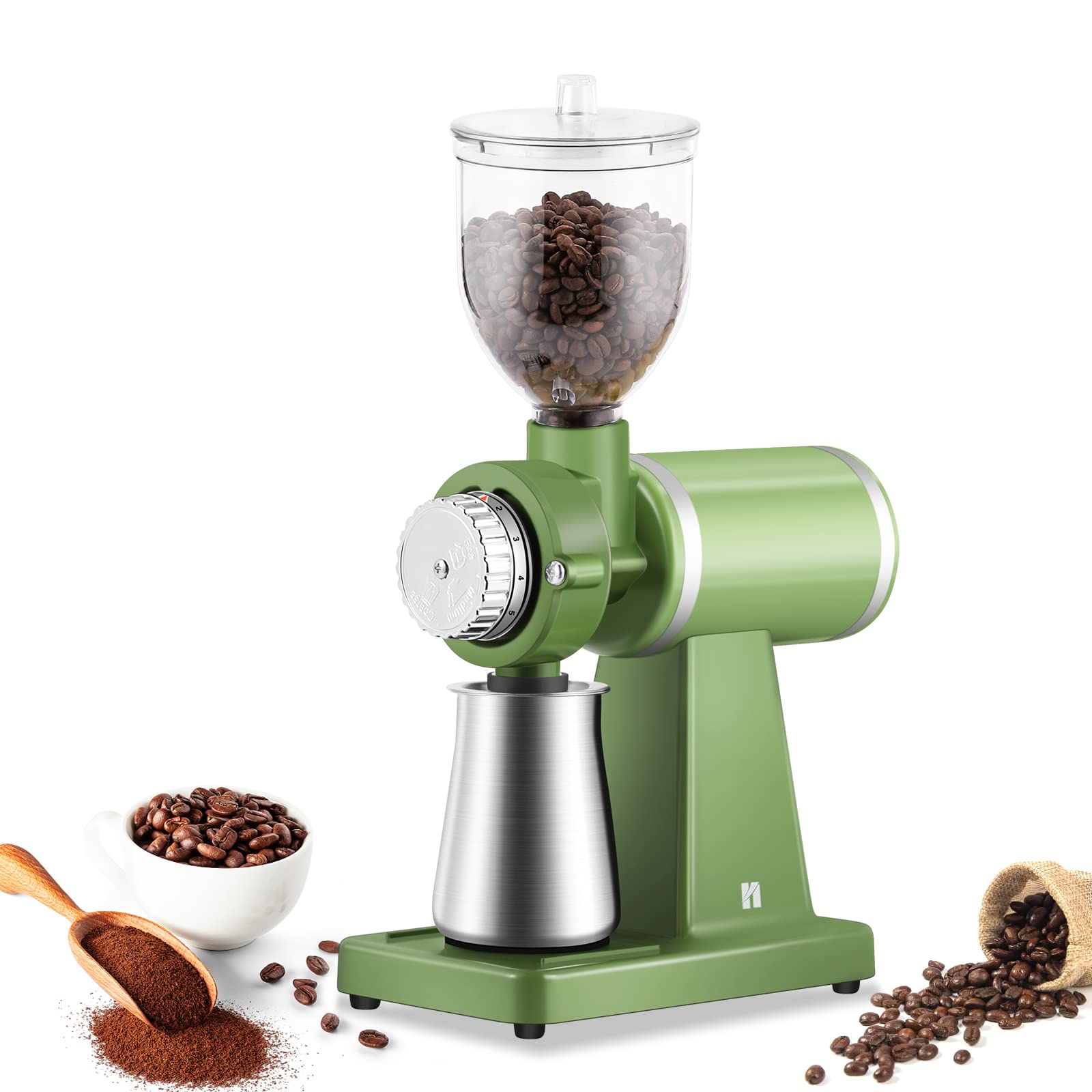 Huanyu 200W Electric Coffee Grinder - 250G Commercial & Home Burr Grinder with 8 Adjustable Grind Settings, Automatic Mill for Espresso, Drip Coffee & French Press (Green) - Perfect for Coffee Shops, Home Kitchens & Office Use