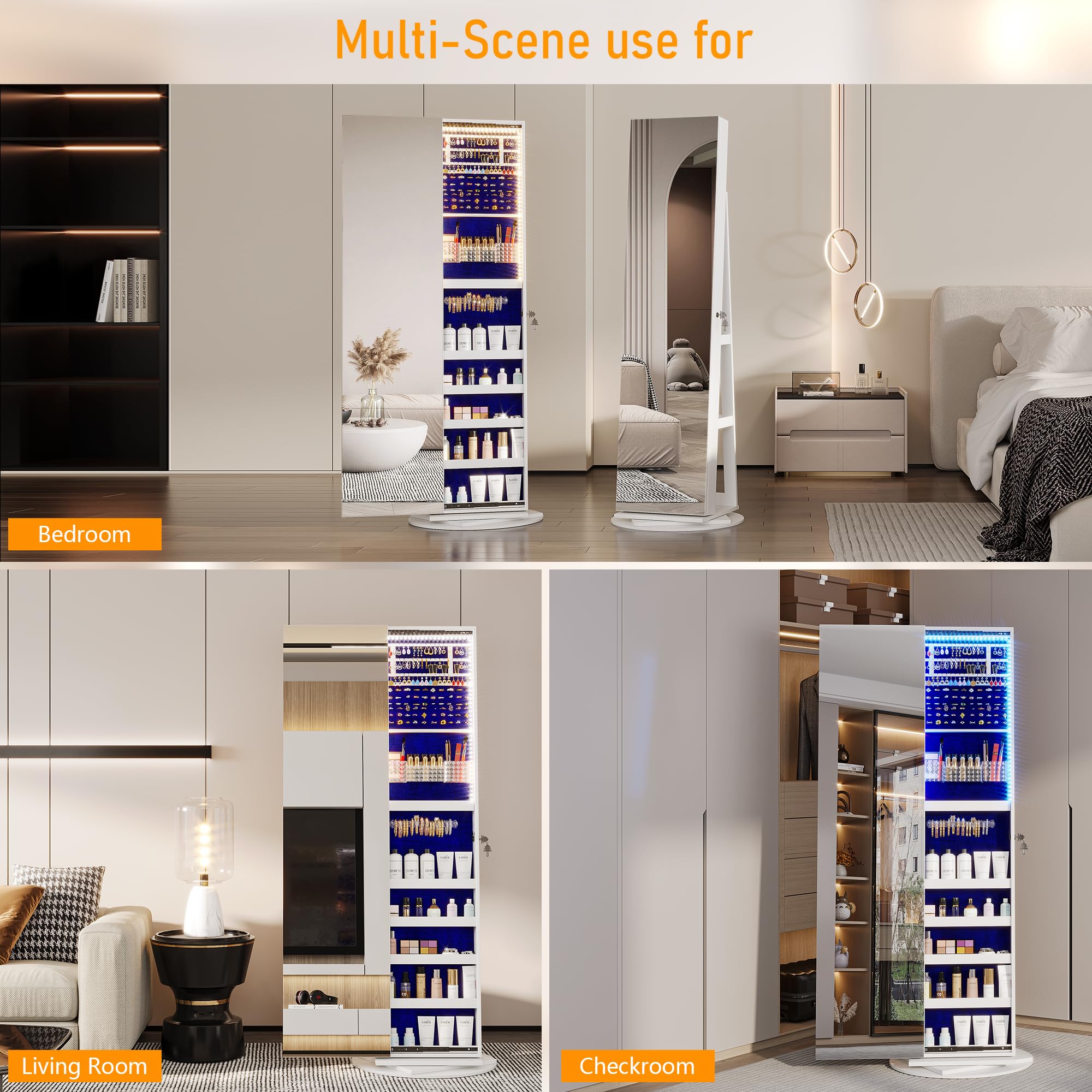 360° Swivel Jewelry Mirror Cabinet with LED Lights - 63