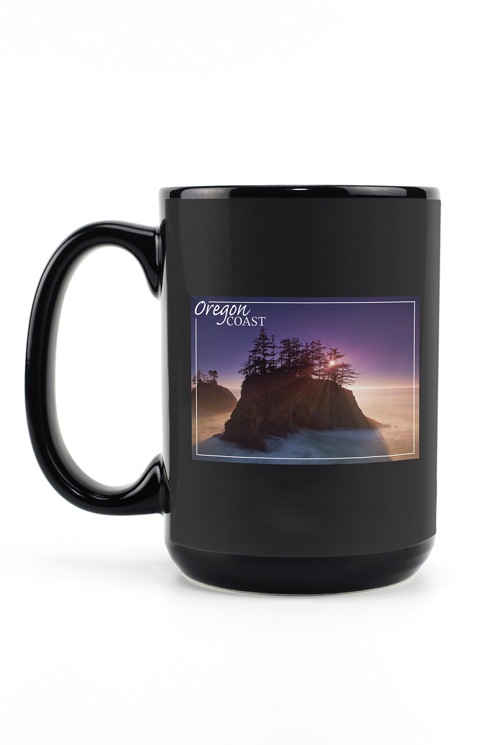 Oregon Coast Ocean Island Sunset 15oz Black Ceramic Coffee Mug - Microwave & Dishwasher Safe - Perfect for Home, Office & Camping Use