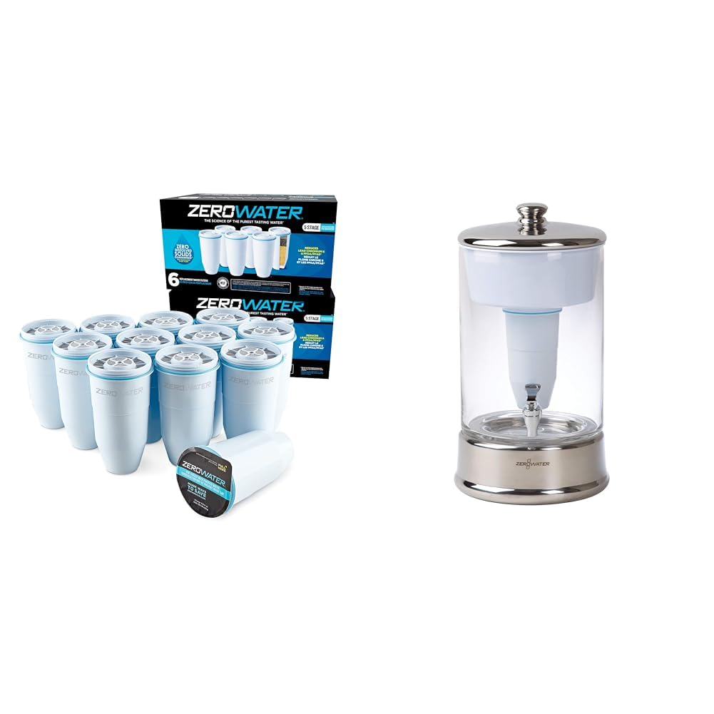 ZeroWater Official 5-Stage Replacement Water Filters (12-Pack) & 40-Cup Glass Water Dispenser - BPA Free for Home, Office & RV Use - Improves Taste & Reduces Contaminants