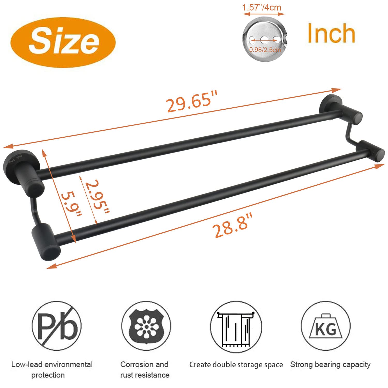 TocTen 30IN Double Towel Bar - Heavy Duty SUS304 Stainless Steel Bathroom Towel Rack, Wall Mounted Towel Holder for Bathroom Accessories (Black) - Perfect for Spa, Hotel & Luxury Home Bathroom Decor