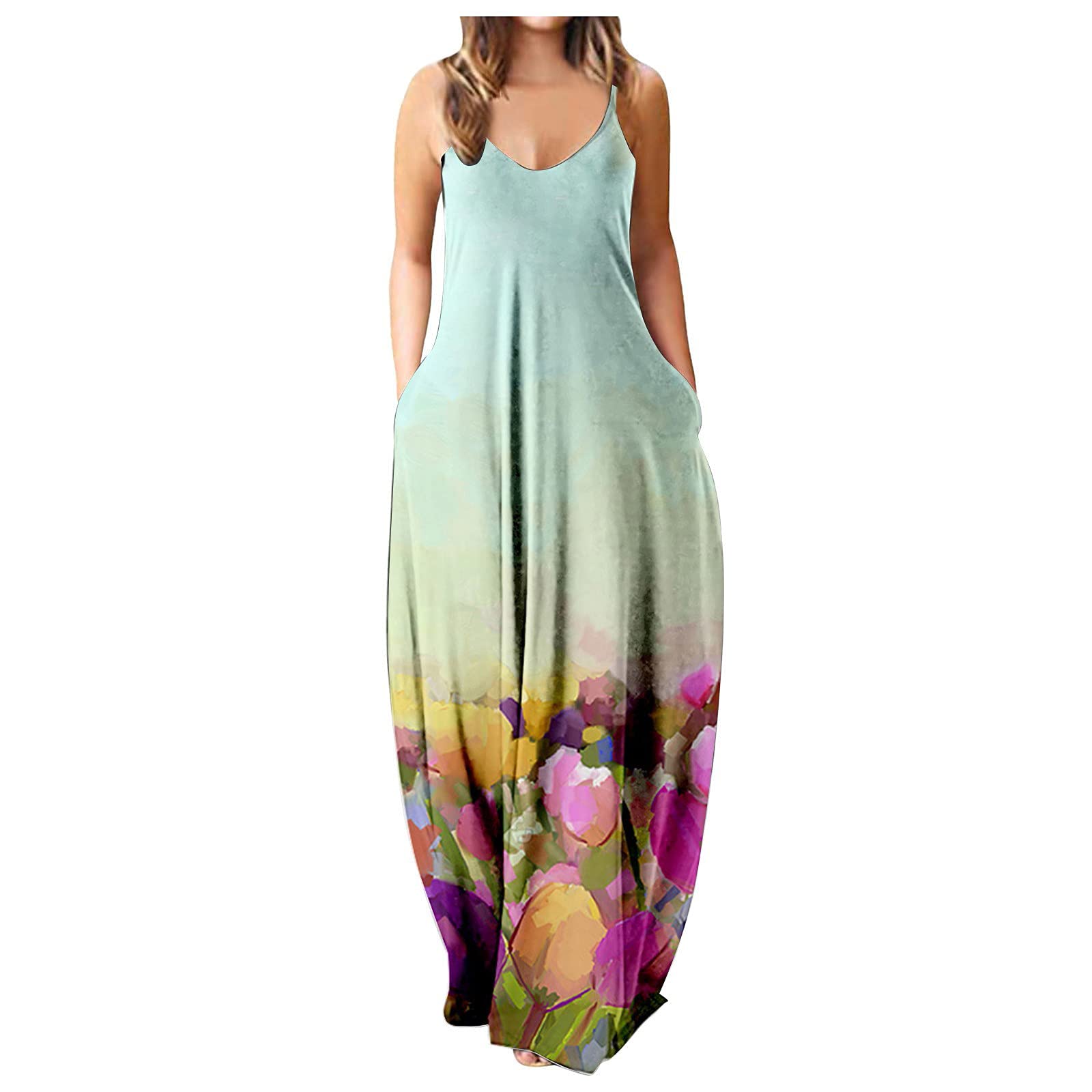 NaRHbrg Women's Summer Maxi Dress 2023 - Flowy Long Sundress with Pockets, Plus Size & Juniors, Lightweight Breathable Camisole Dress for Hot Weather - Perfect for Beach Vacations, Casual Outings, Summer Parties & Date Nights - Great for Outdoor Picnics, Resort Wear, Weekend Getaways and Travel Essentials