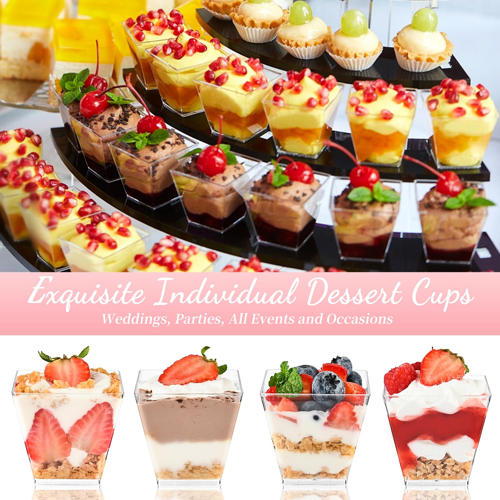 TOFLEN 50 Pack 3.5 oz Plastic Dessert Cups with Spoons - Mini Square Disposable Containers for Yogurt, Parfait, Pudding, Jello, Appetizers & Party Dessert Shooters - Perfect for Catering, Birthday Parties, Baby Showers & Wedding Receptions