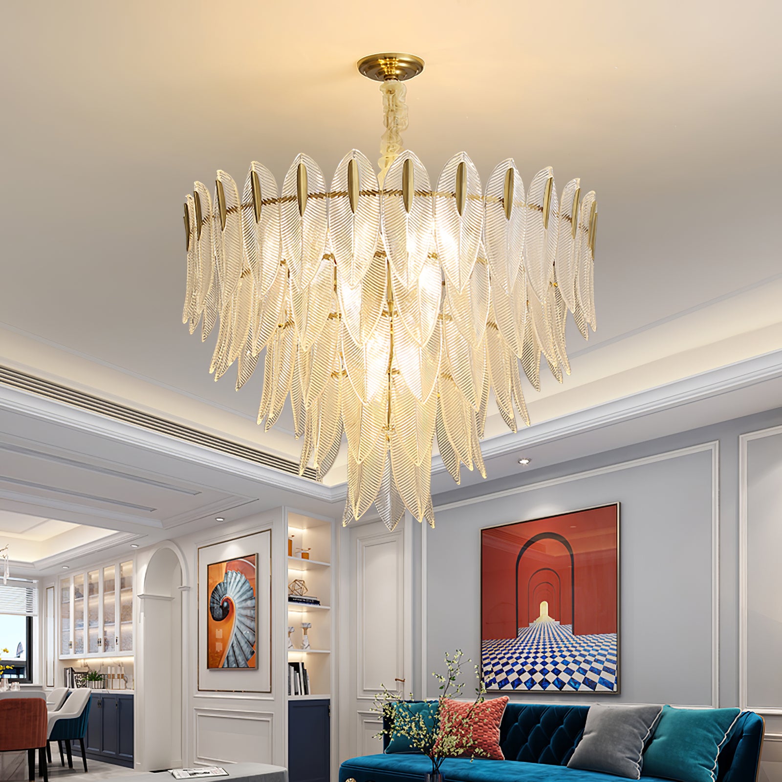 Elegant Glass Feather Chandelier - Modern Crystal Ceiling Light Fixture for Dining Room, Bedroom & Living Room Decor