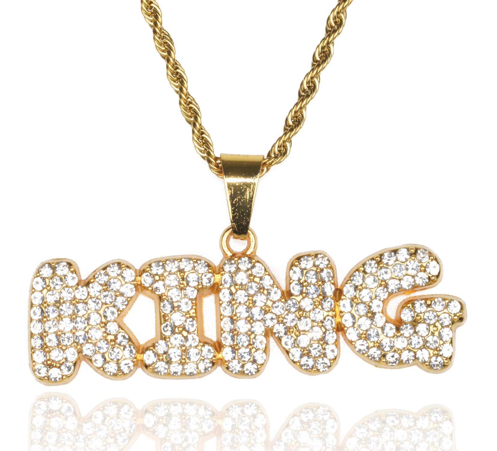 18K Gold Plated Iced Out Men's Chain Necklace with Real CZ Bubble Letter KING Pendant - Platinum White Gold Finish, Lab Diamond Prong Set, 24