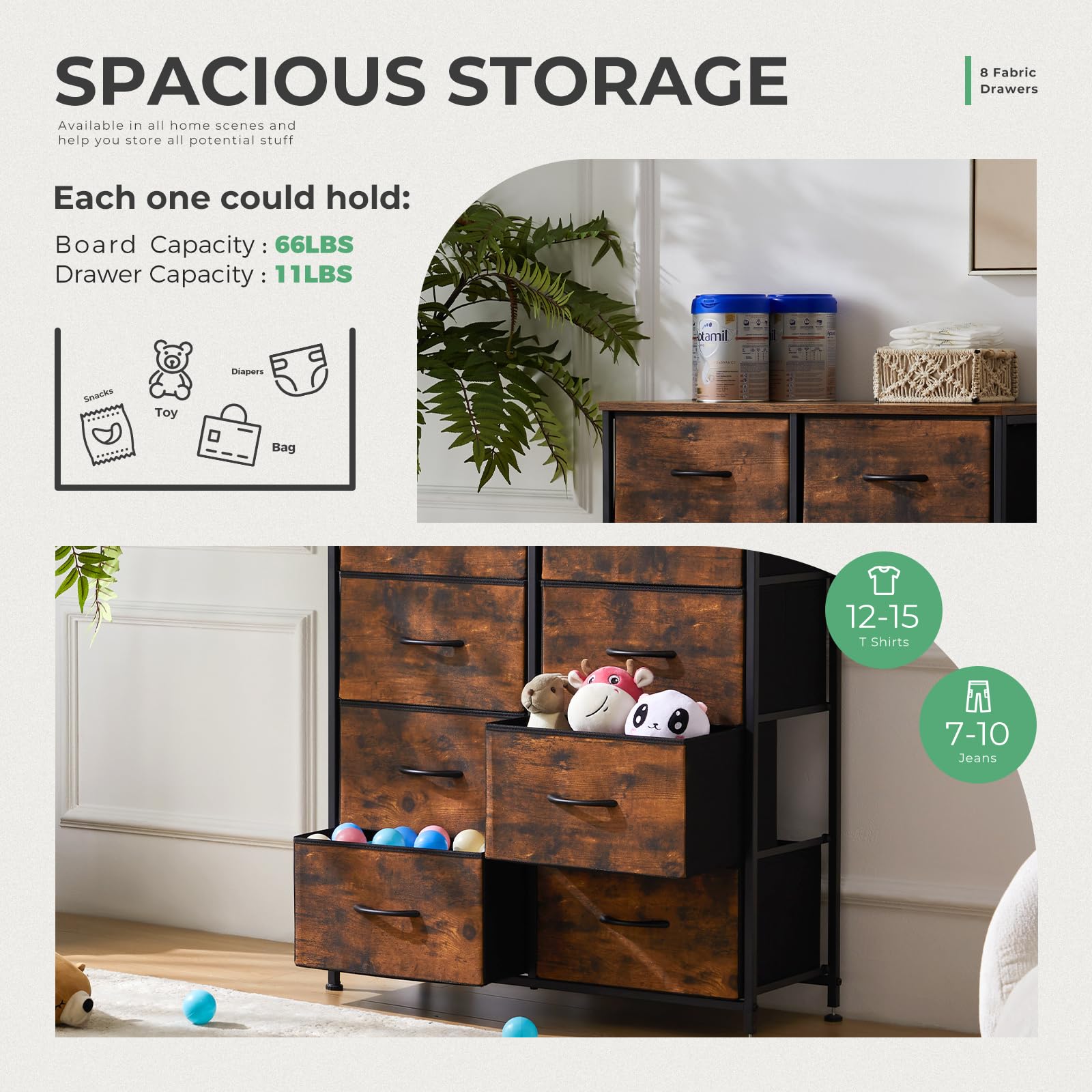 DUMOS 8-Drawer Fabric Dresser for Bedroom - Tall Chest Organizer with Cabinet for Clothing Storage, Kids Room & Nursery - Lightweight Wooden Top & Metal Frame Furniture (Brown) - Perfect for Small Spaces, Closet Organization & Baby Essentials Storage