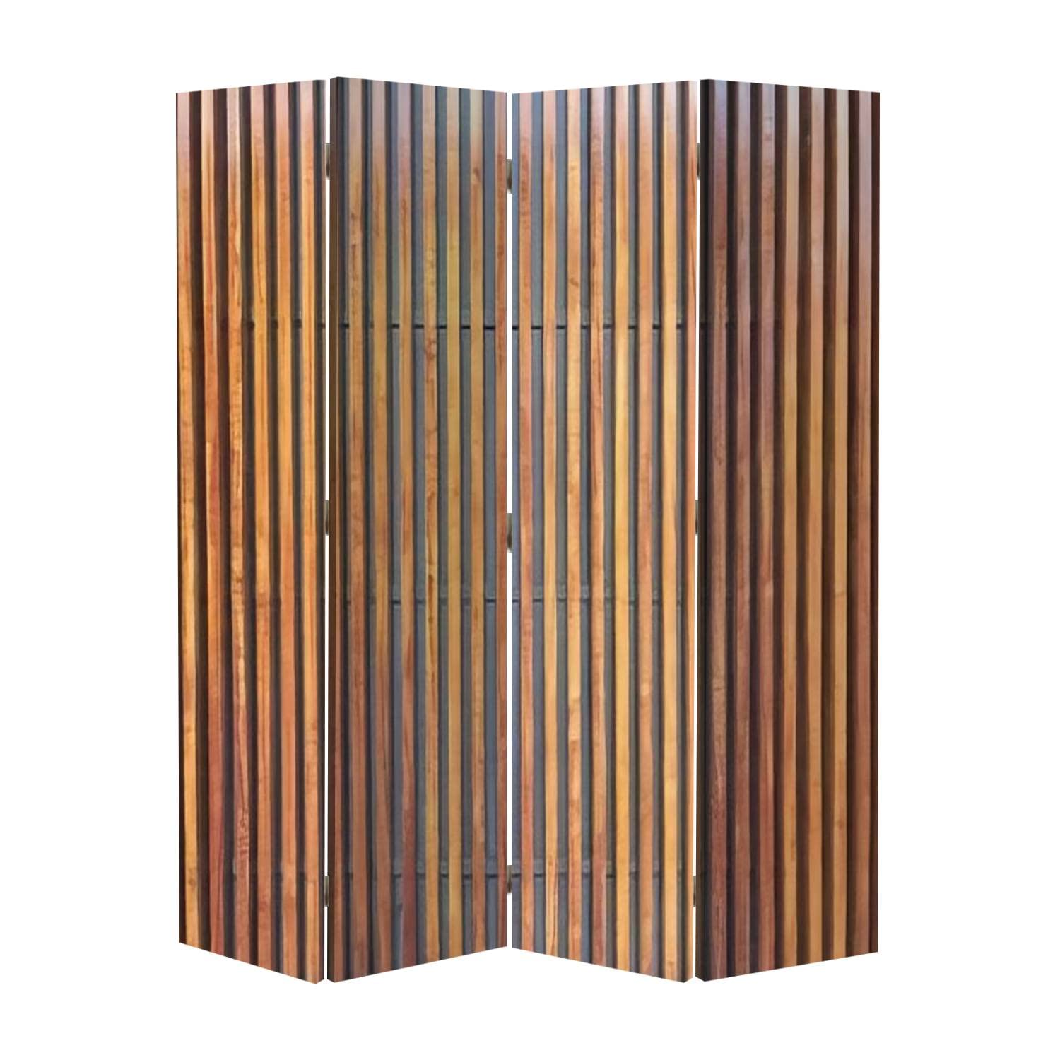 Brown Teak Wood Texture Room Divider - Modern Abstract Folding Screen Privacy Partition with 4 Panels, Dual-Sided Wall Divider & Display Shelves for Home Office, Living Room, and Bedroom Privacy