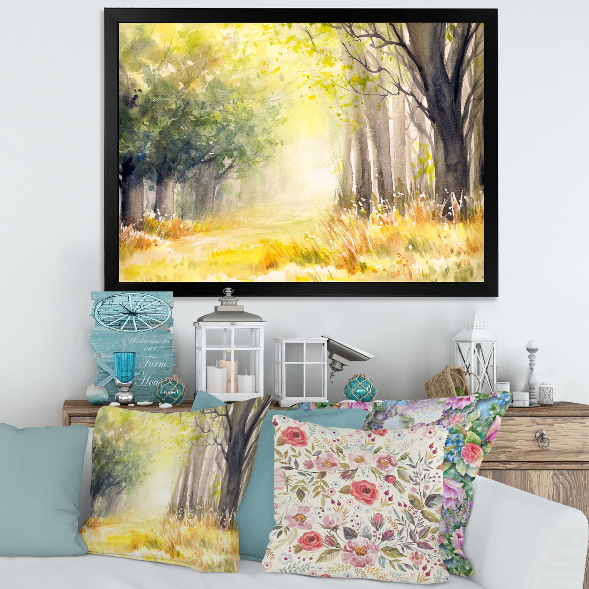 DesignQ Bright Sunshine Through The Forest Trees IV Traditional Framed Wall Art - Nature Landscape Painting for Living Room, Bedroom & Office Decor
