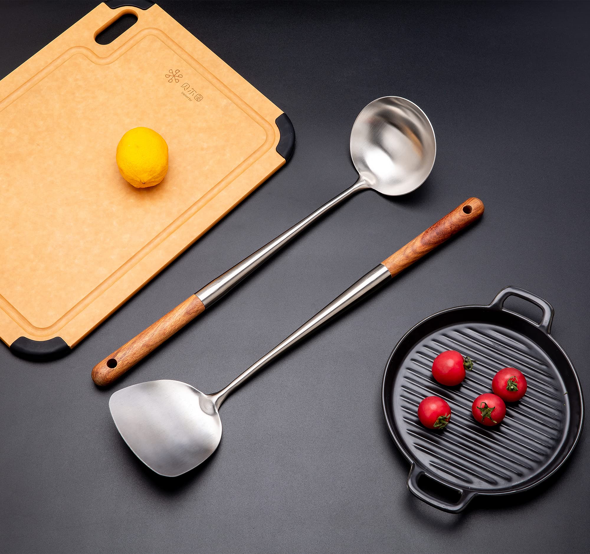 FJNATINH 17-Inch Wok Spatula and Soup Ladle Set - 304 Stainless Steel Cooking Utensils for Stir-Frying, Flipping & Serving - Perfect for Asian Cuisine, Home Kitchen & Restaurant Use