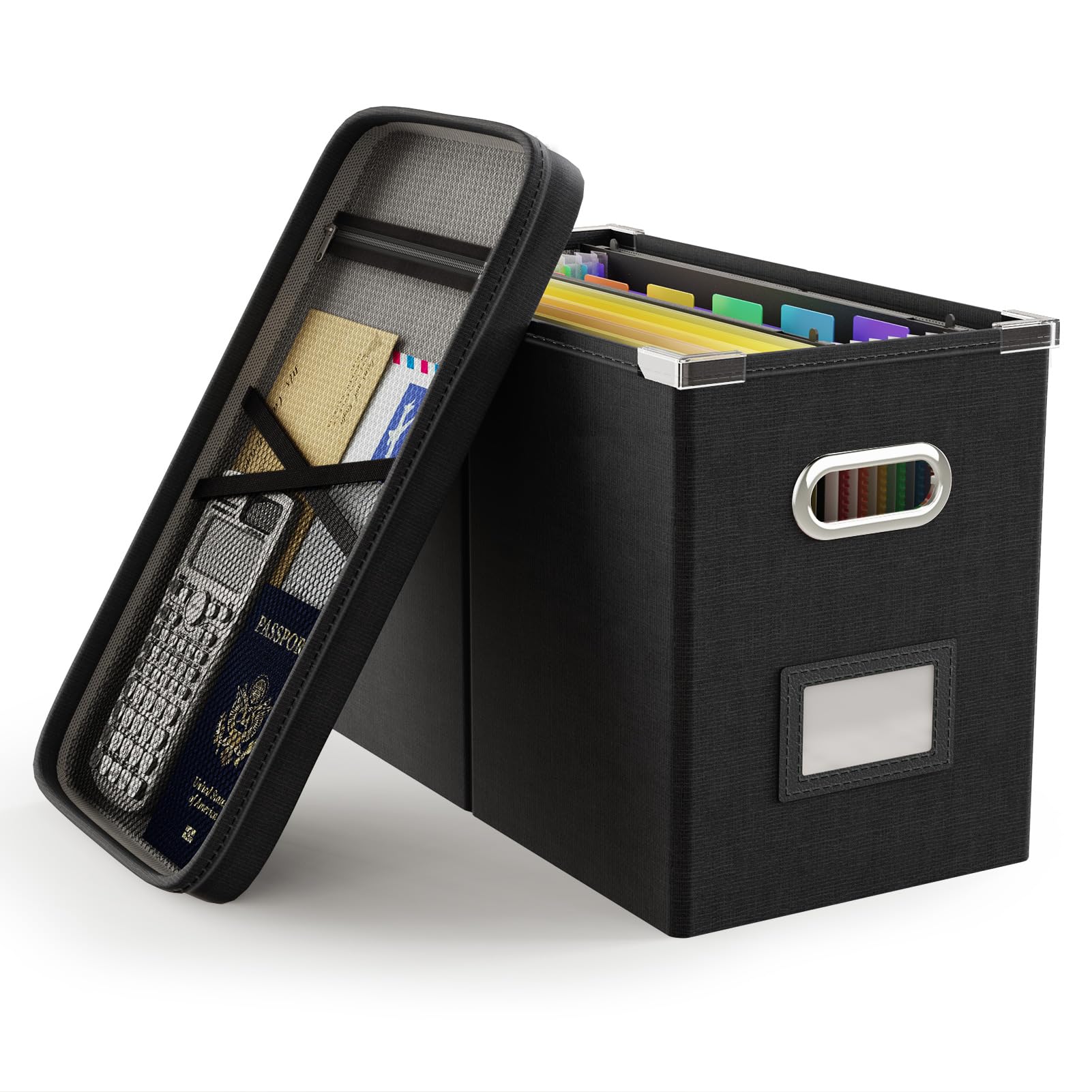 Oterri File Organizer Box with Lid - Hanging Mesh Pocket Document Storage for Letter Files - Portable Office & Home Storage Box with Smooth Sliding Rail - Perfect for Desk Organization, Paper Filing, and Office Supplies Storage (1 Pack, Black)