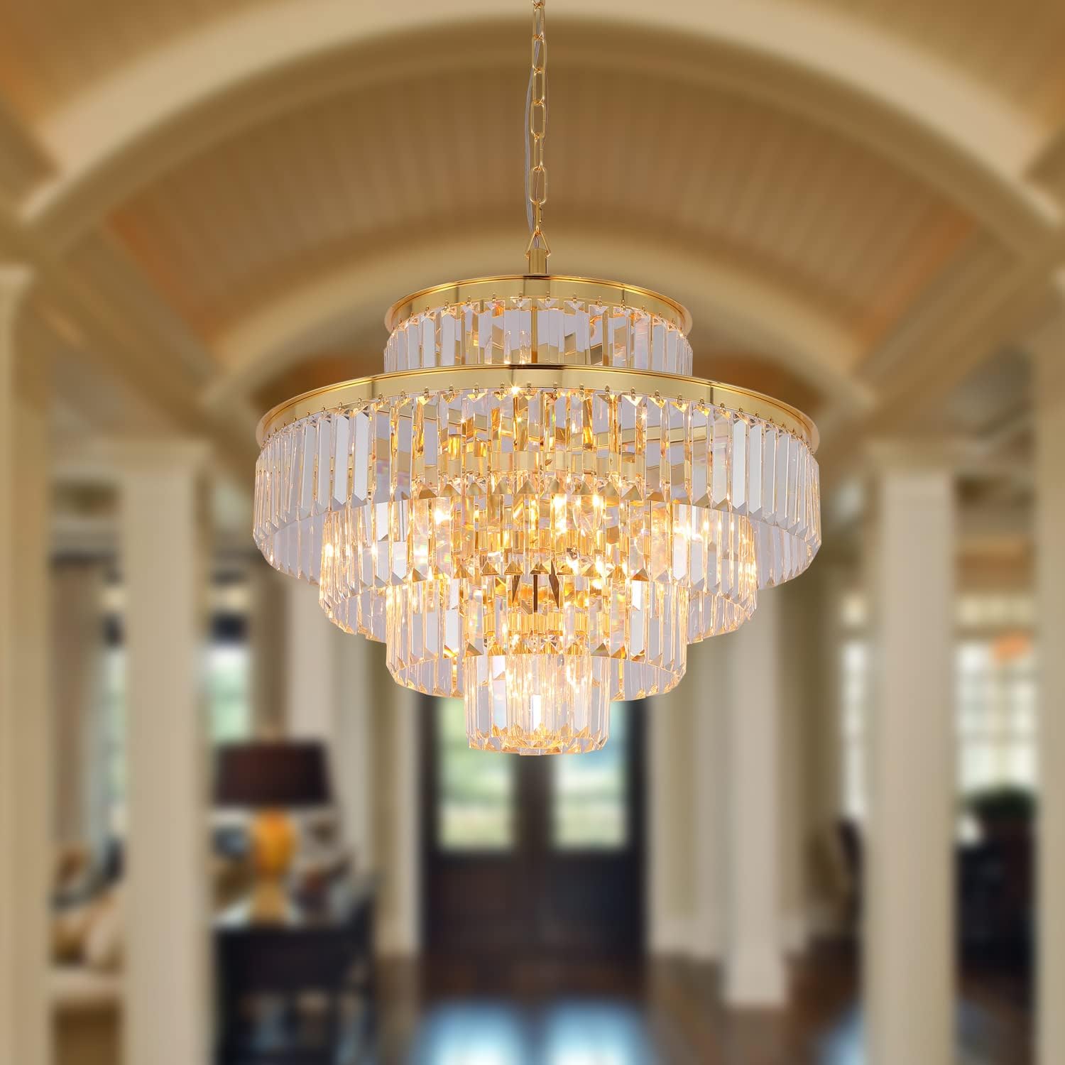 Modern Gold Crystal Chandelier - 12-Light Pendant Ceiling Light Fixture (24 Inch Diameter) for Dining Room, Living Room, Foyer, Hallway - Elegant Lighting for Home Decor & Special Occasions