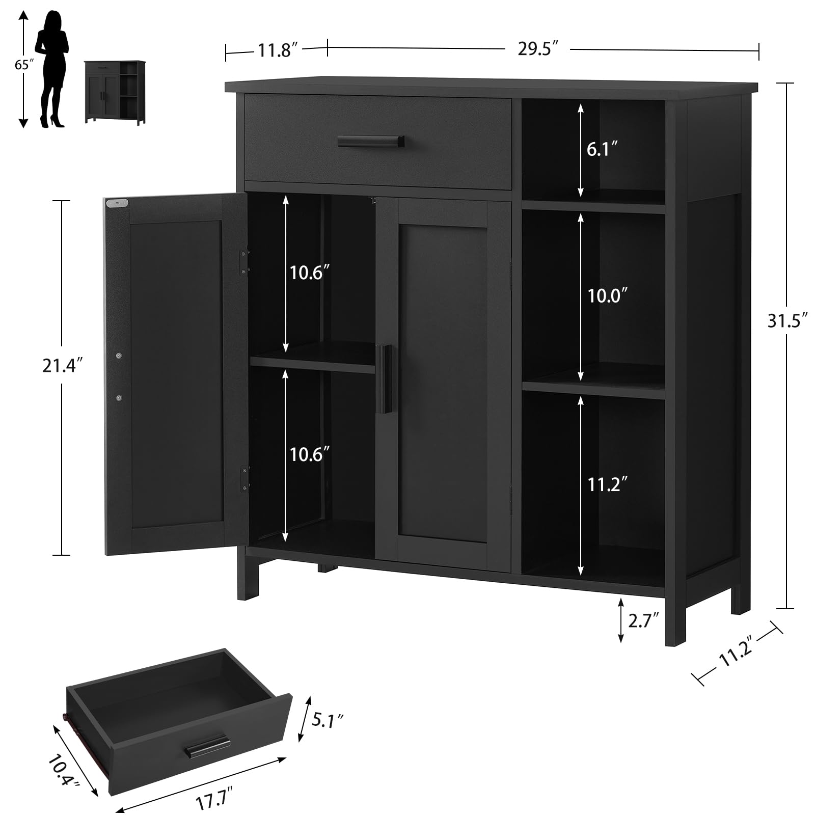 Wooden Storage Cabinet with 2 Doors & 3 Shelves - Entryway, Living Room & Bathroom Organizer - Coffee Bar Cabinet, Floor Cabinet for Home Organization (Black) - Perfect for Small Spaces, Entry Storage & Coffee Station Setup