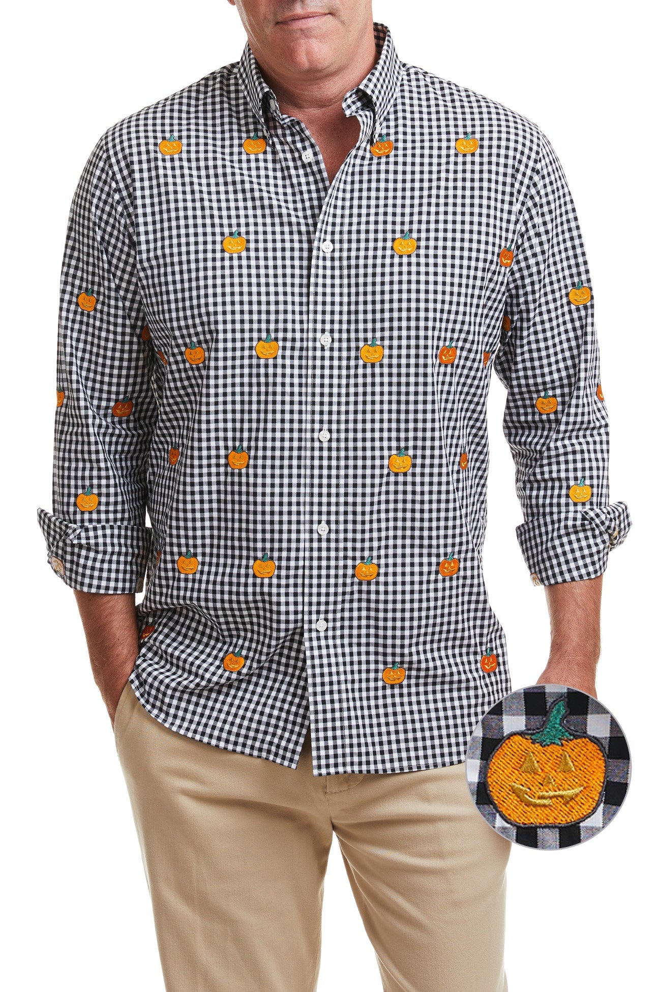 Straight Wharf Men's Shirt - Black Wide Gingham Pattern with Jack O'Lantern Print - Casual Button Down Shirt for Fall, Halloween Parties & Outdoor Activities