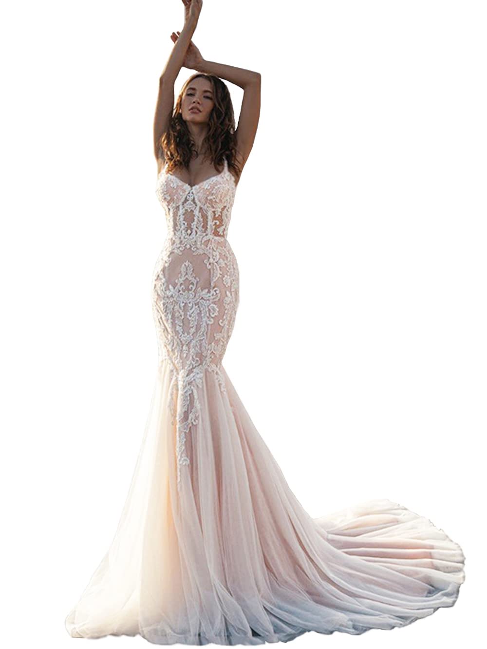 Elegant Long Mermaid Wedding Dress with Lace Appliques - Beach Bridal Gown for Women | Perfect for Beach Weddings, Destination Ceremonies & Romantic Photos