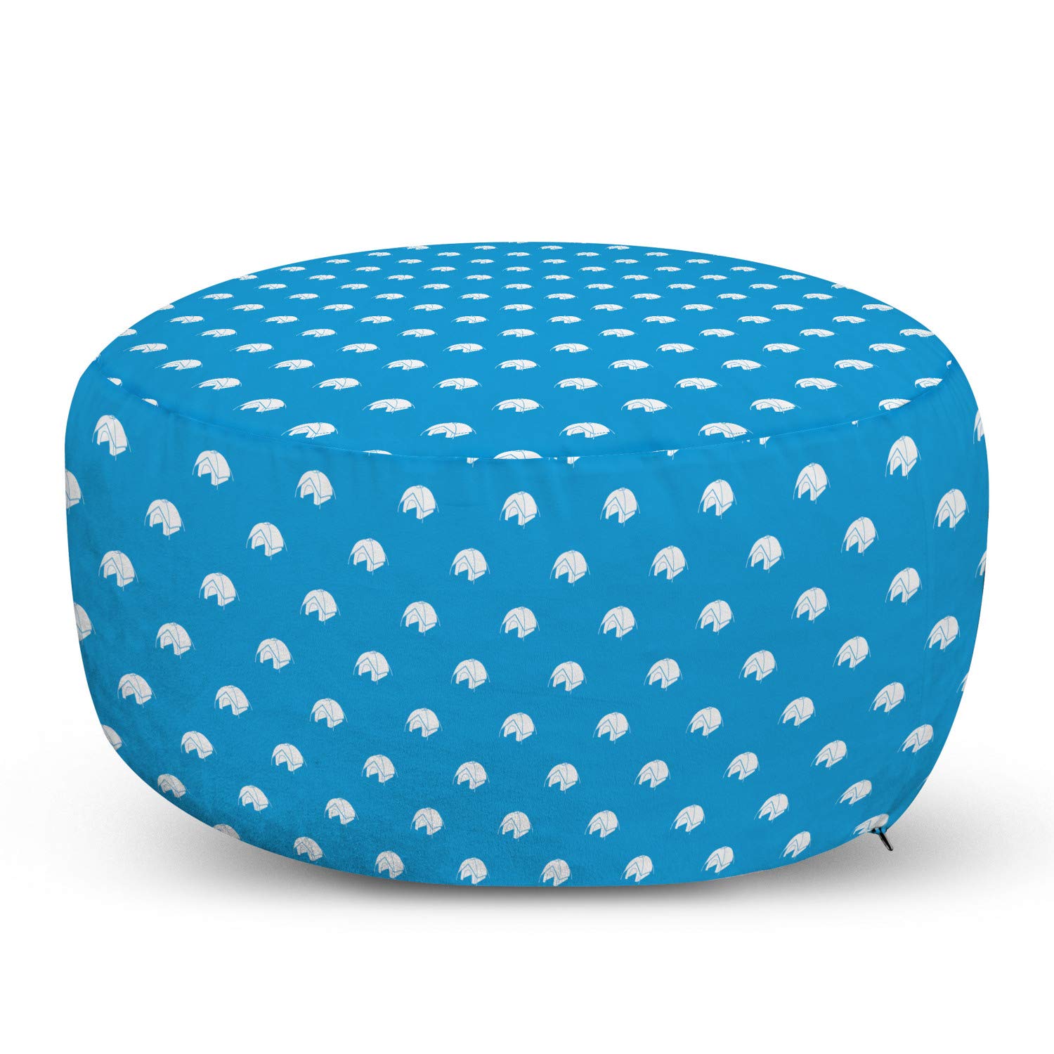 Ambesonne Camping Ottoman Pouf - Monochrome Traditional Tent Design, Soft Foot Rest with Removable Cover for Living Room & Bedroom - Azure Blue & White - Perfect for Outdoor Camping, Home Decor & Relaxation