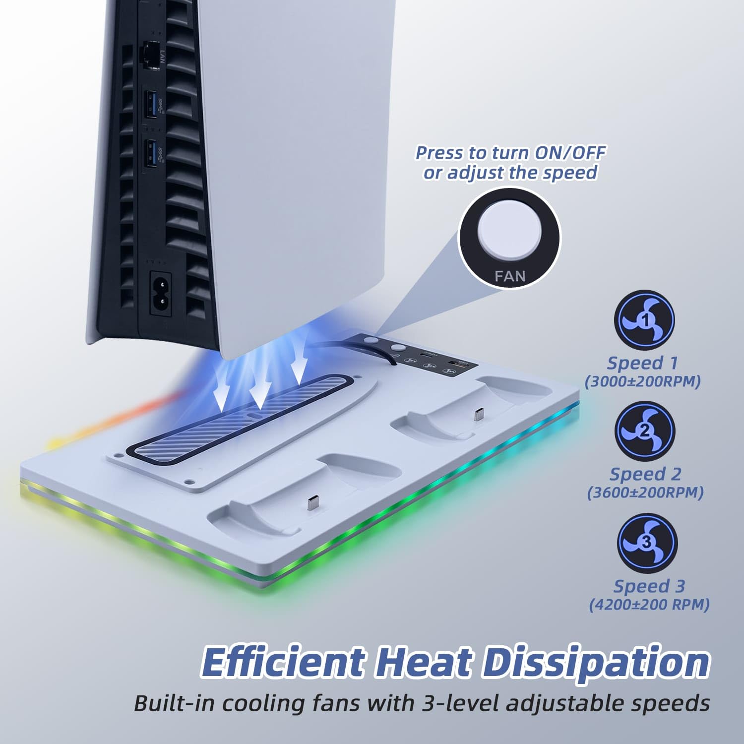 PS5 Cooling Station with RGB Lights & Dual Controller Charger - Compatible with PS5/PS5 Slim/PS5 Pro - Includes Cooling Fan, Charging Dock & 2 USB Ports - Perfect for Gaming Setup & Console Protection