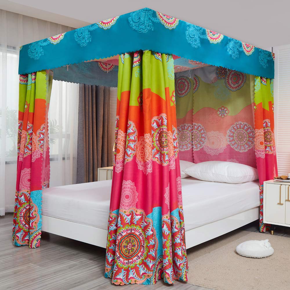 Bohemian 4-Poster Bed Canopy Curtains for Queen Size Beds - Romantic Rose Pink Sheer Drapes for Adults & Girls Bedroom Decor - Perfect for Boho Chic, Princess or Wedding Theme Bedrooms