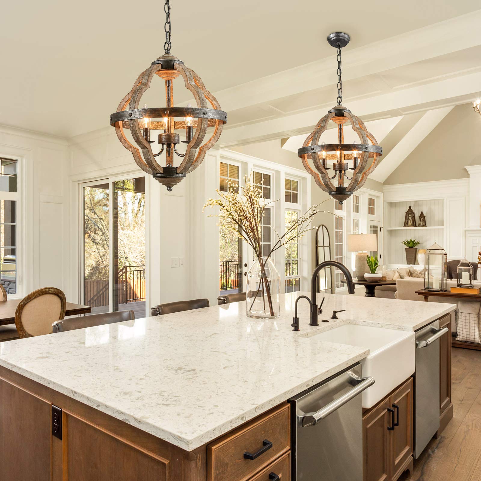 KSANA Farmhouse Chandelier - 3-Light Wood Orb Pendant Light for Dining Room, Kitchen Island & Foyer | 15
