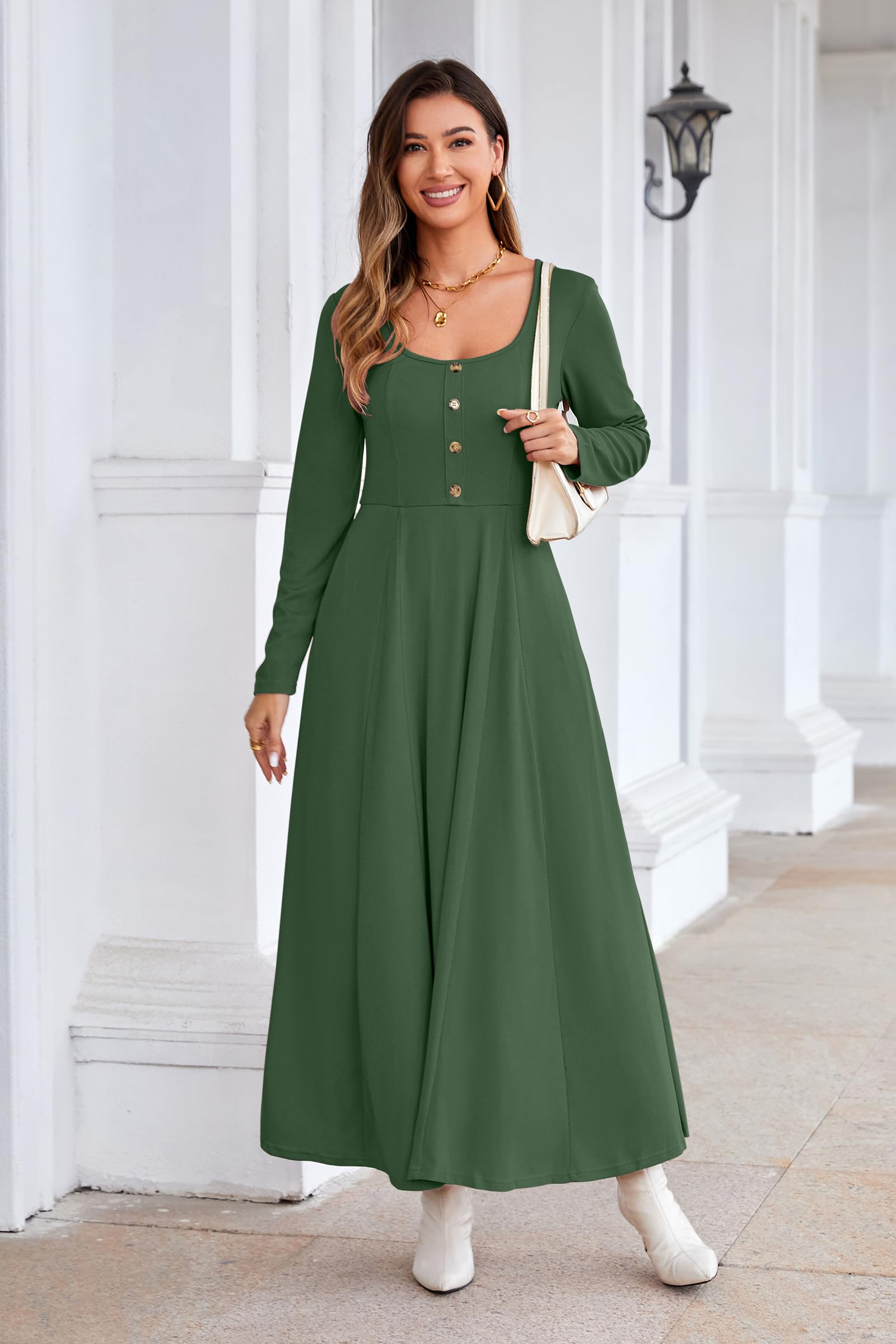 OUGES Women's Maternity Maxi Dress for Photoshoot - Fall Long Sleeve Button Down Square Neck Pregnancy Dress for Baby Shower, Maternity Photos & Special Occasions 2024