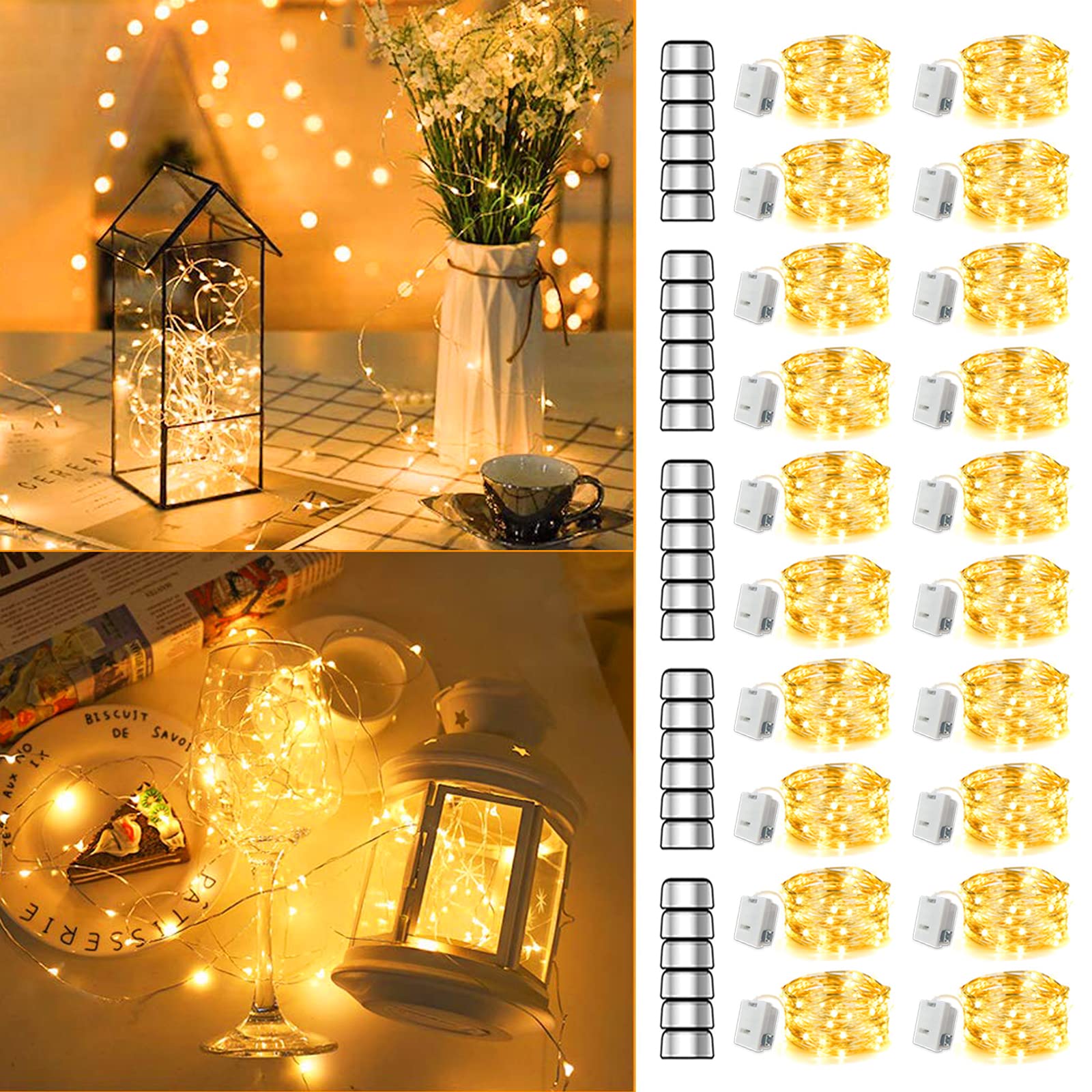 20 Pack 7.2ft Battery Operated Fairy Lights - Warm White LED String Lights with Waterproof Copper Wire for Mason Jars, Weddings, Bedroom Decor & Outdoor Parties