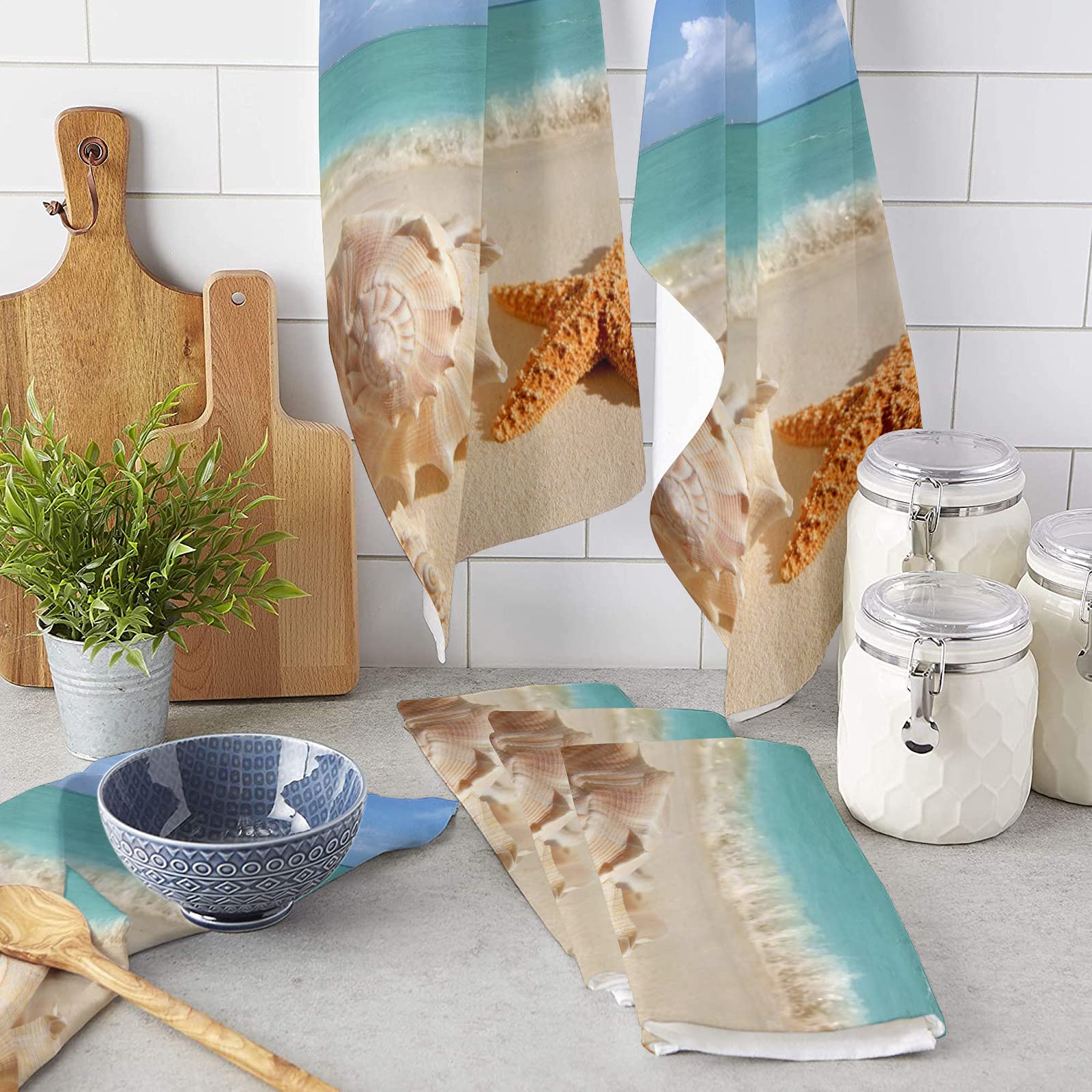 Beach Theme Dish Towels Set of 2 - Kitchen Cleaning & Drying for Home Use