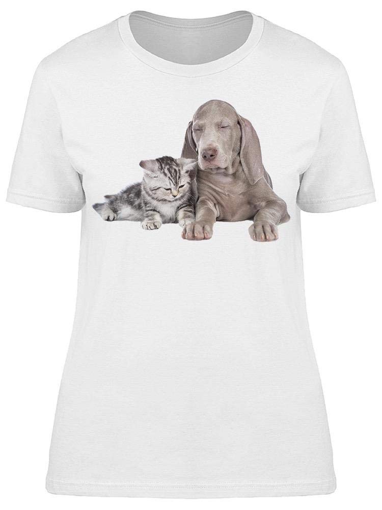 Smartprints Women's Sleeping Weimaraner and Kitten Graphic Tee - Soft Cotton Casual T-Shirt for Dog & Cat Lovers | Perfect for Lounging, Sleepovers & Pet-Themed Outfits