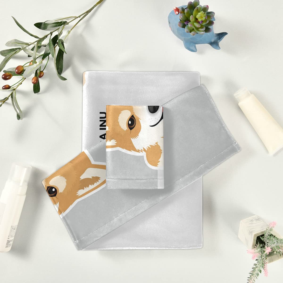 Premium Shiba Inu Dog Face Cotton Towel Set - 3-Piece Soft Absorbent Bath, Hand & Wash Cloth for Bathroom, Kitchen, Beach, Gym & Spa Decor | Cute Japanese Dog Themed Home Accessories