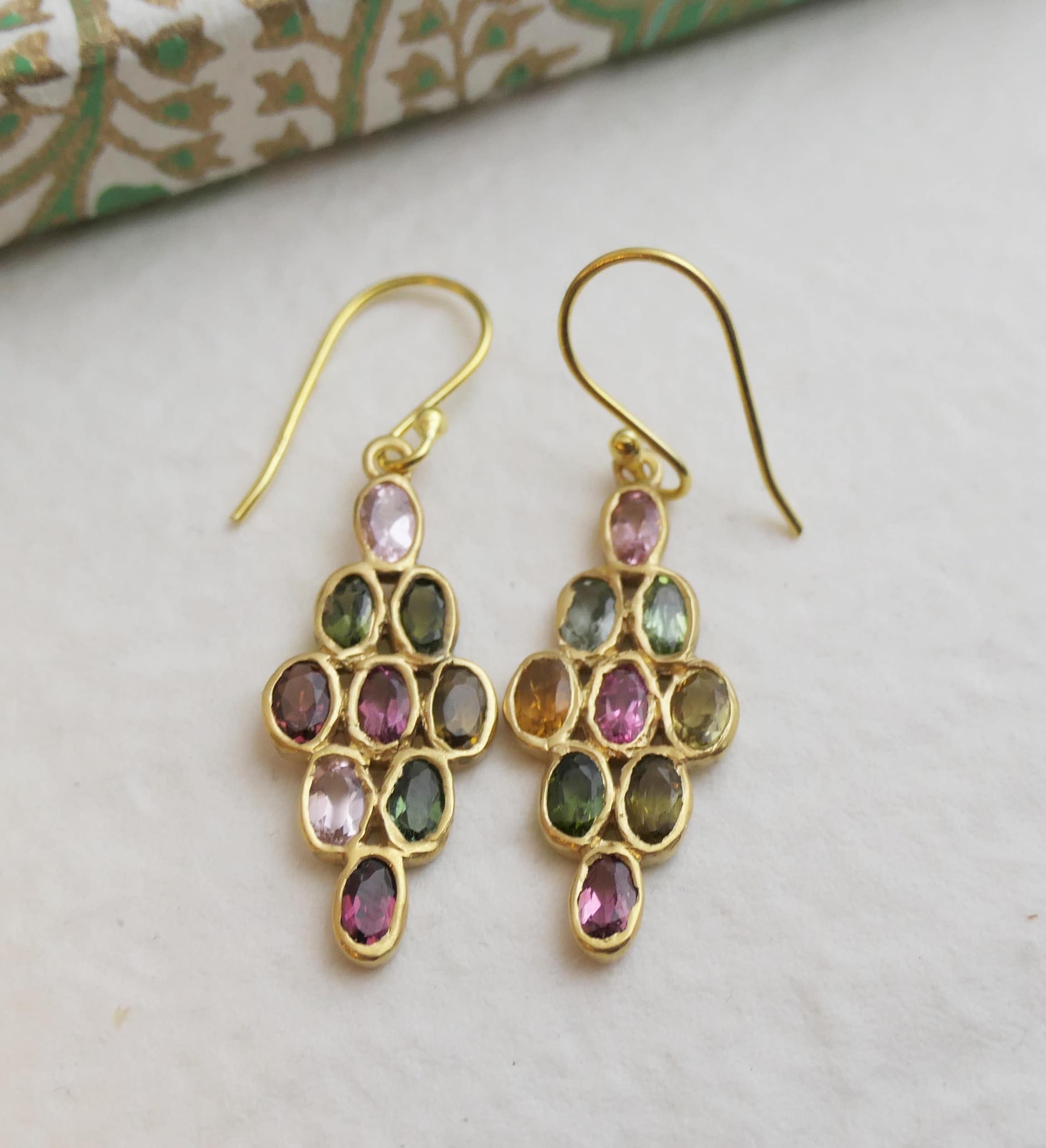 Natural Multi-Colored Tourmaline Waterfall Chandelier Earrings - 14K Gold Plated Sterling Silver Drop Dangle Earrings - Handmade Gemstone Jewelry for Women - Perfect Gift for Mother's Day, Birthday & Wedding - Elegant Bridal Jewelry for Special Occasions