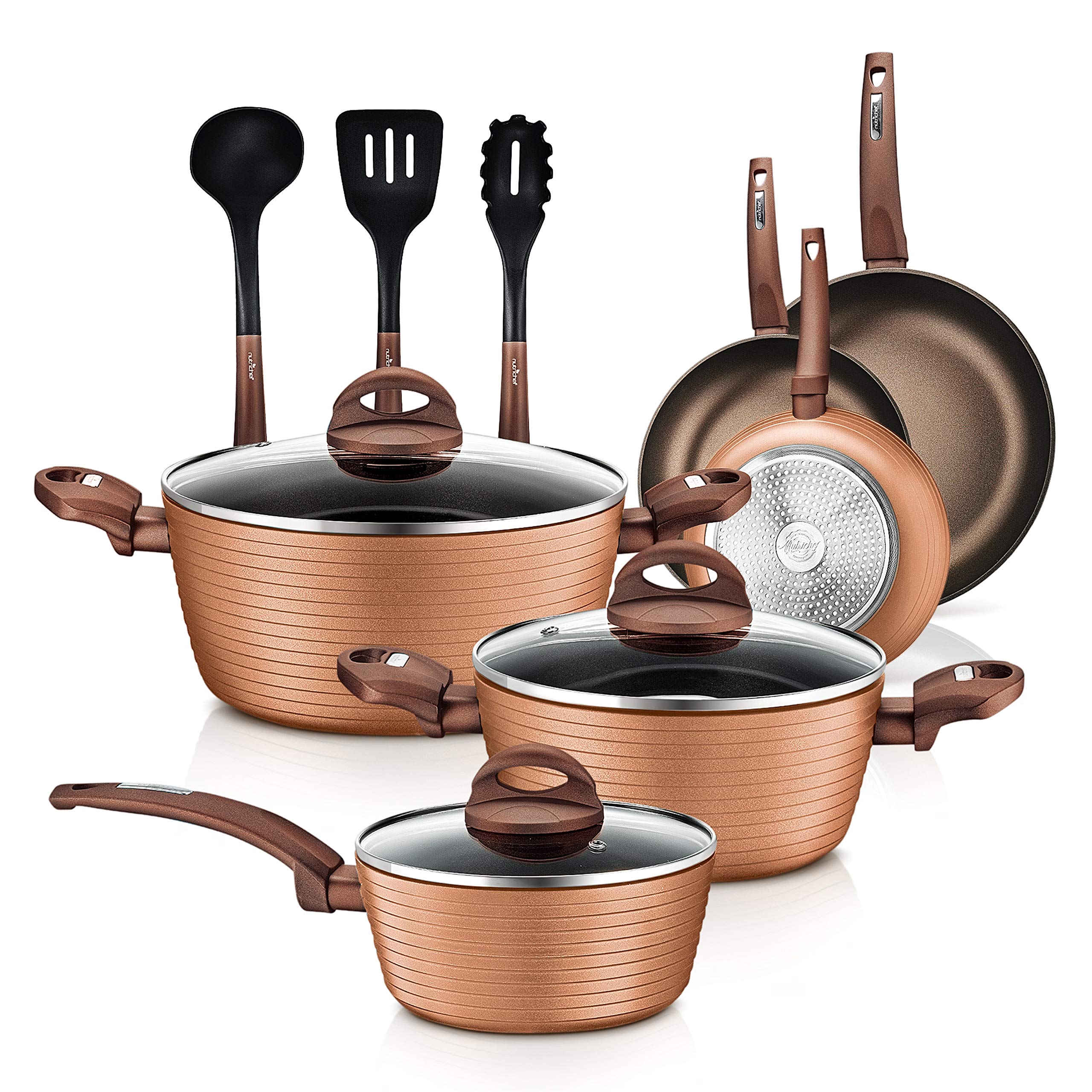 NutriChef 12-Piece Nonstick Cookware Set - PFOA/PFOS-Free Kitchen Pots & Pans with Lids | Heat Resistant Dutch Oven, Saucepan & Cooking Utensils | Perfect for Boiling, Frying & Slow Cooking | Dishwasher Safe Brown Kitchenware Set