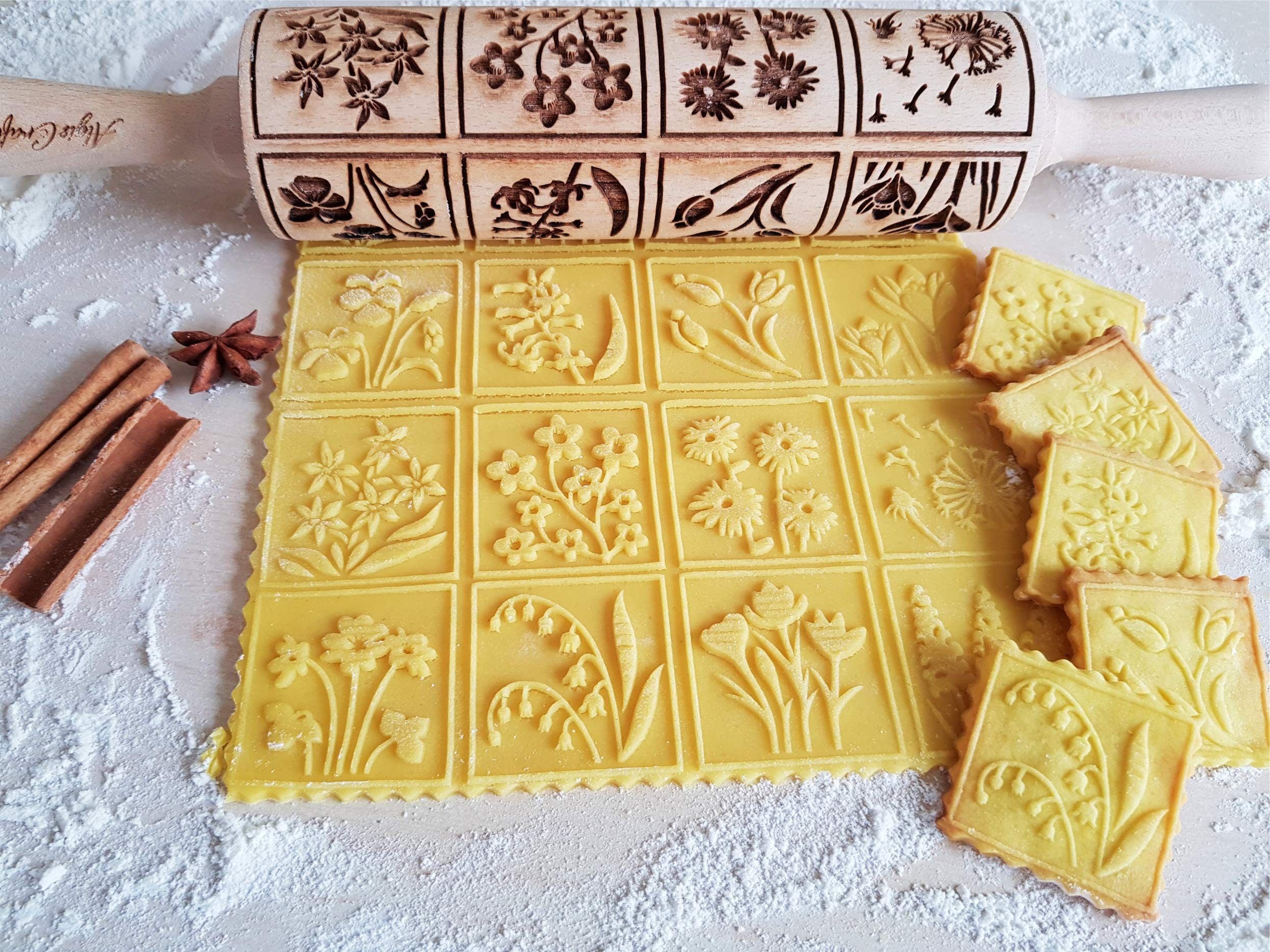 Algis Crafts Spring Flowers Embossing Rolling Pin - 16 Unique Floral Designs for Dough & Clay - Perfect for Embossed Cookies, Pottery & Ceramic Stamping - Ideal Baking Gift for Women - Great for DIY Crafts, Home Baking & Creative Ceramic Projects