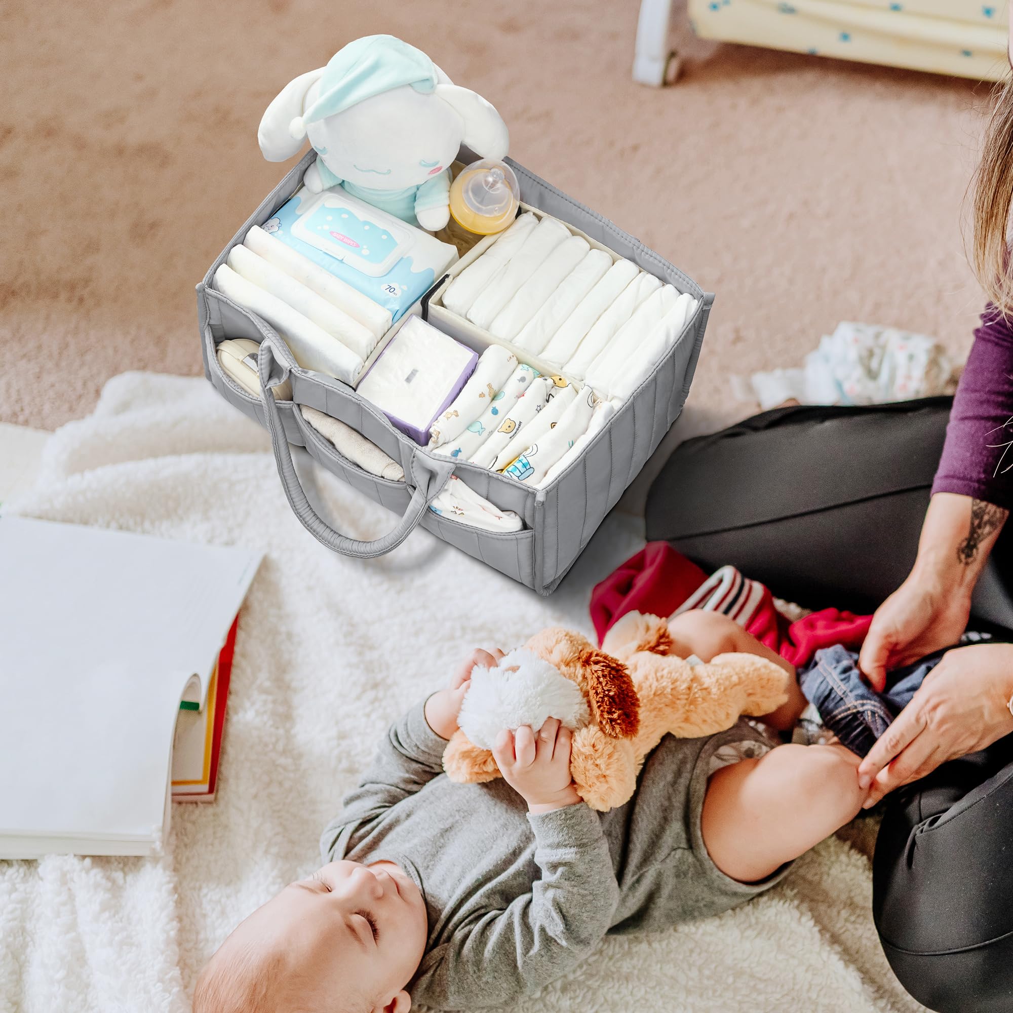 Starry Sky Grey Diaper Caddy Organizer with Handles & Removable Dividers - Portable Diaper Storage Bag for Car, Nursery & Travel - Baby Essentials Organizer Basket & Tote for Easy Storage & Organization