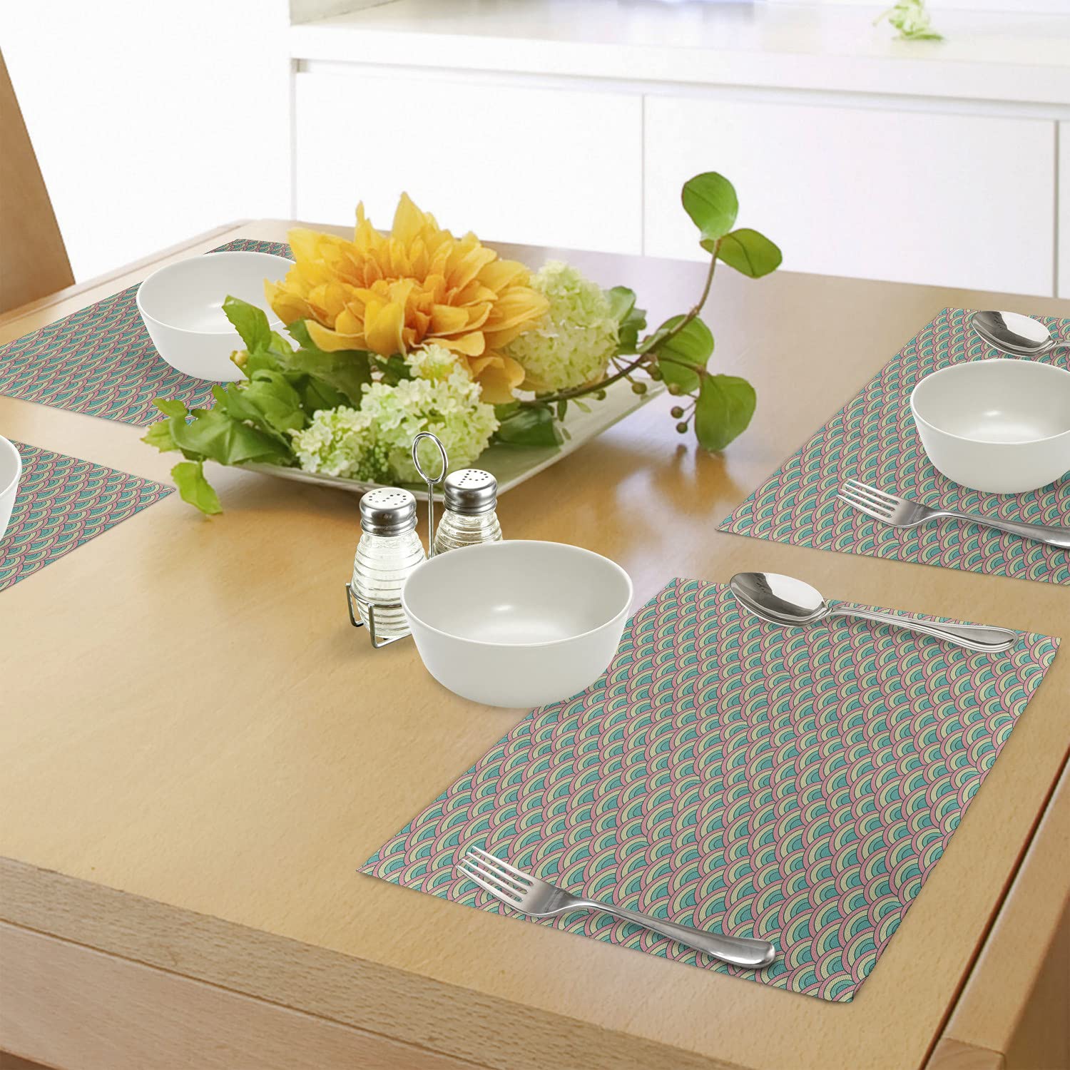 Ambesonne 4-Piece Fish Scale Placemats Set - Abstract Mosaic Geometric Design, Washable Fabric Table Mats for Dining Room & Kitchen Decor in Turquoise, Pale Green & Coral | Perfect for Dinner Parties, Holiday Gatherings & Everyday Use
