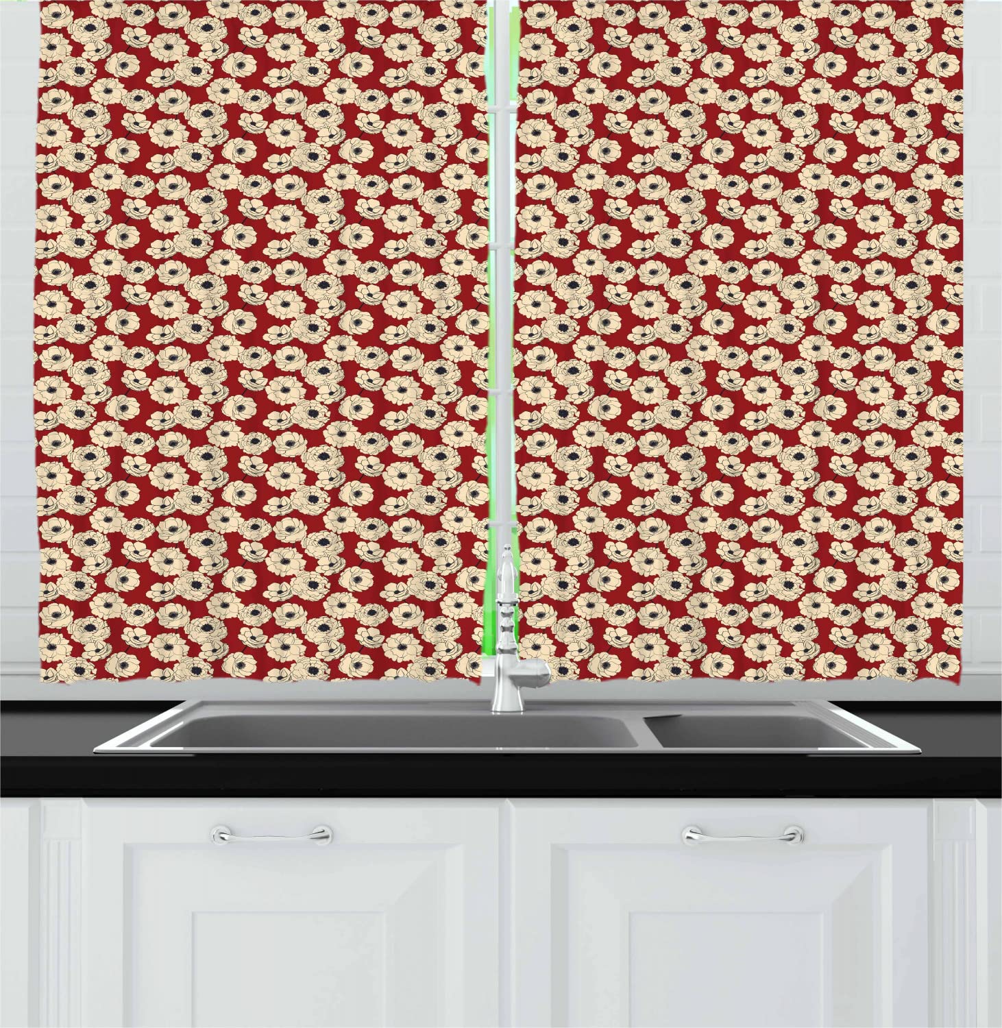 Ambesonne Floral Long Kitchen Curtains - Romantic Blossom Design with Rod Pocket, 55x45 Inch Window Drapes in Vermilion Beige Black | Perfect for Valentine's Day Decor, Feminine Home Accents & Cozy Kitchen Makeovers
