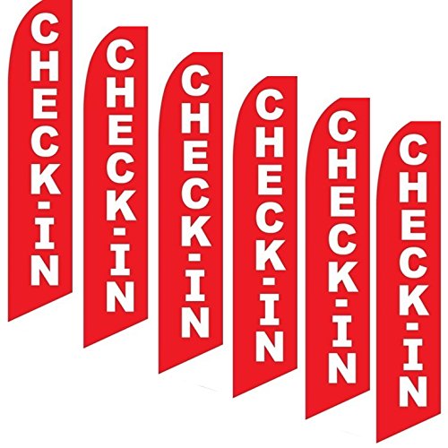 6 Pack Red Swooper Check-In Flags with Bold White Text - Perfect for Events, Parties & Outdoor Gatherings