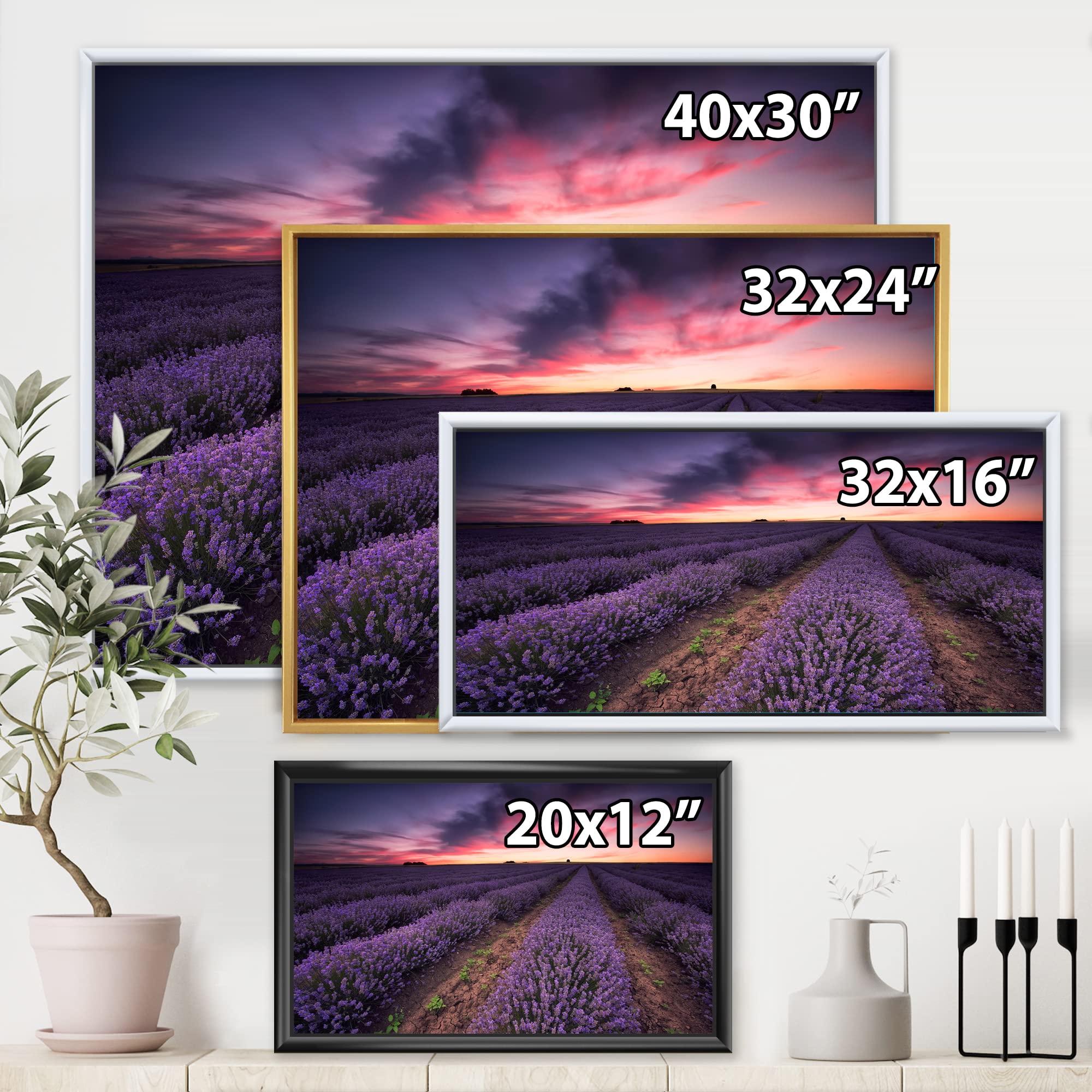 Sunrise & Dramatic Clouds Over Lavender Field IX - Framed Canvas Wall Art Print for Farmhouse Decor | Perfect for Living Room, Bedroom & Office Wall Decor