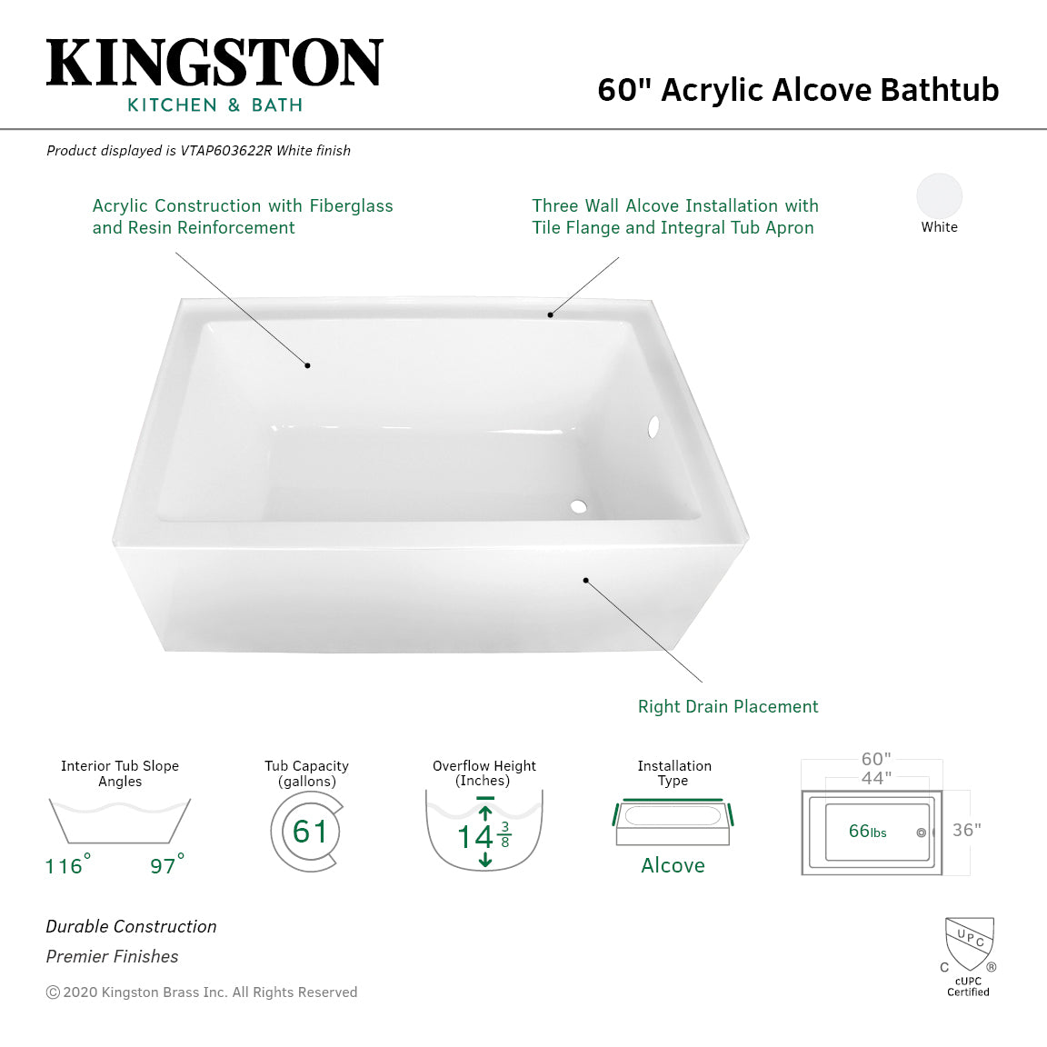 Aqua Eden VTAP603622R 60-Inch Acrylic Rectangular 3-Wall Alcove Bathtub - Right Hand Drain, Glossy White - Perfect for Modern Bathroom Renovations & Spa-Like Relaxation