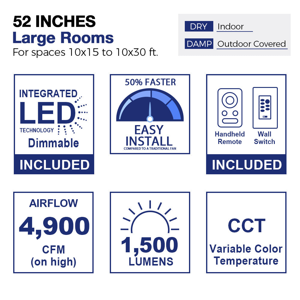 Apex II Smart Ceiling Fan with LED Light - 52 Inch Remote Control Indoor/Outdoor Ceiling Fan - Perfect for Bedroom, Living Room, Patio & Covered Porch