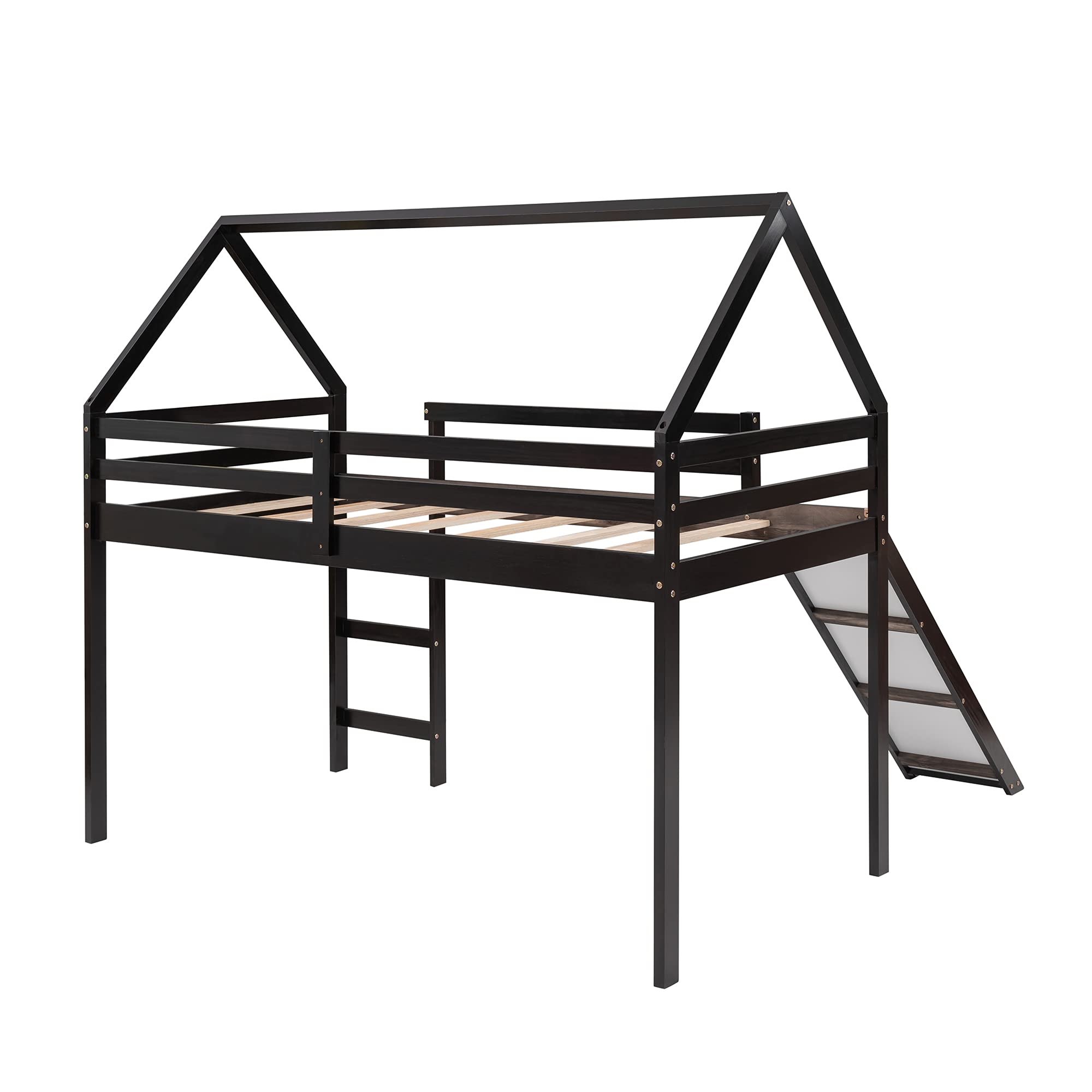 SOFTSEA Full Size Loft Bed with Slide & Built-in Ladder - Kids & Teens Wooden Bunk Bed for Boys & Girls (Espresso Finish) - Perfect for Small Bedrooms, Playrooms & Dorm Rooms