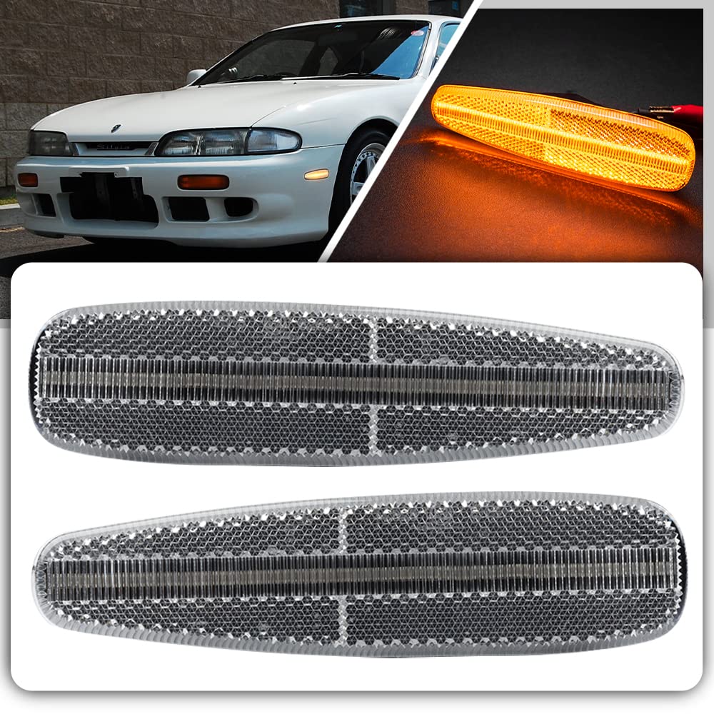 Amber LED Side Marker Lights for Nissan 240SX (S14) 1995-1998 - Clear Lens Front Bumper Turn Signals & Side Repeater Assembly - Perfect for Car Customization, Night Driving Safety, and Vehicle Upgrades