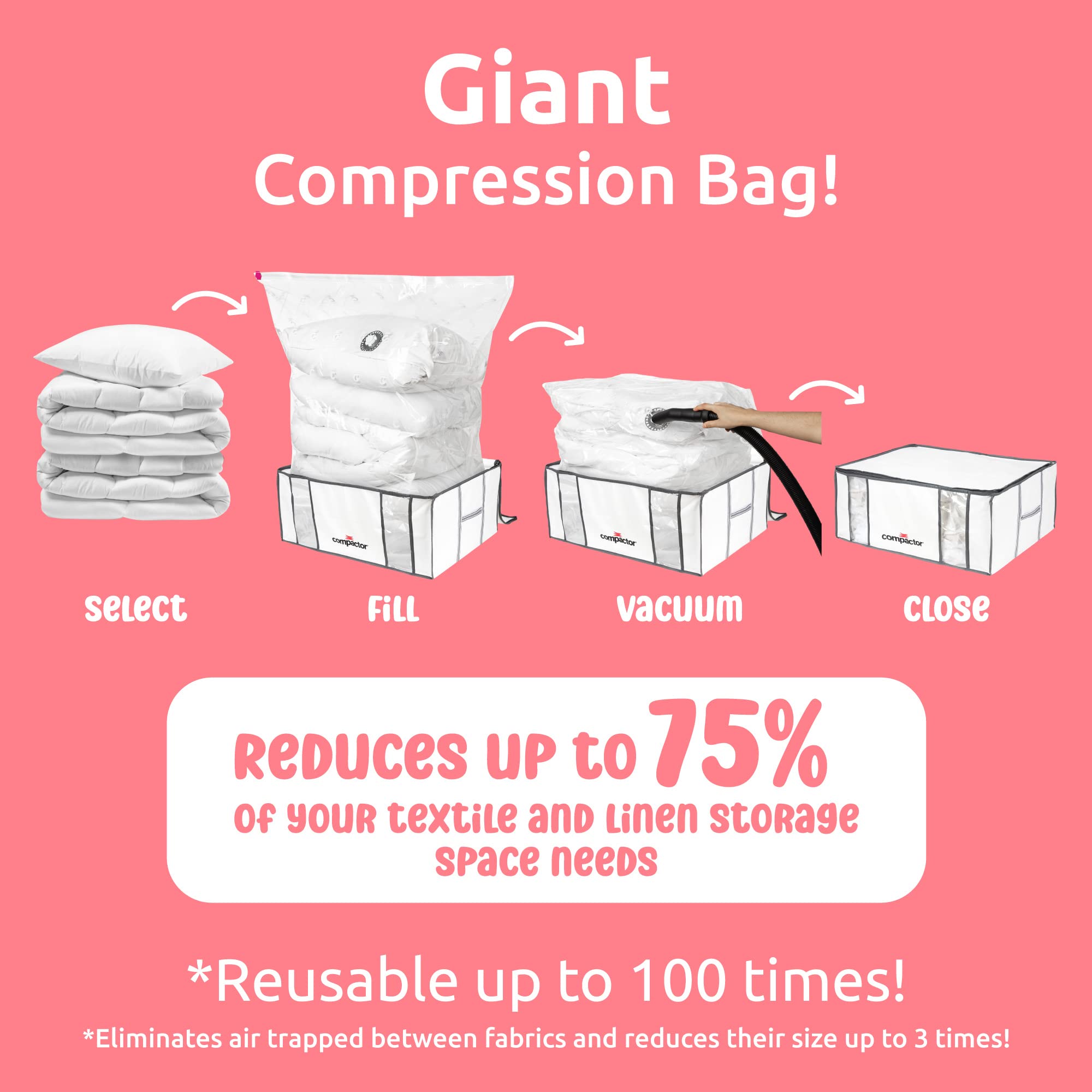 XXL Compactor Vacuum Storage Bags with Semi-Rigid Box - Space Saving Vacuum Seal Bags for Clothes, Comforters & Blankets - Perfect for Travel, Seasonal Storage & Home Organization